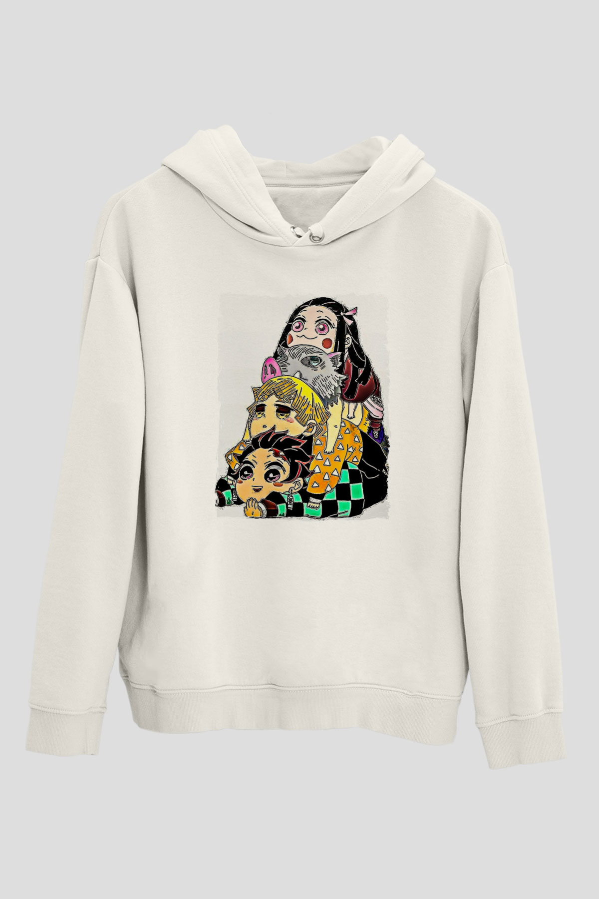 Demon Slayer Baskılı Beyaz Unisex Hoodie