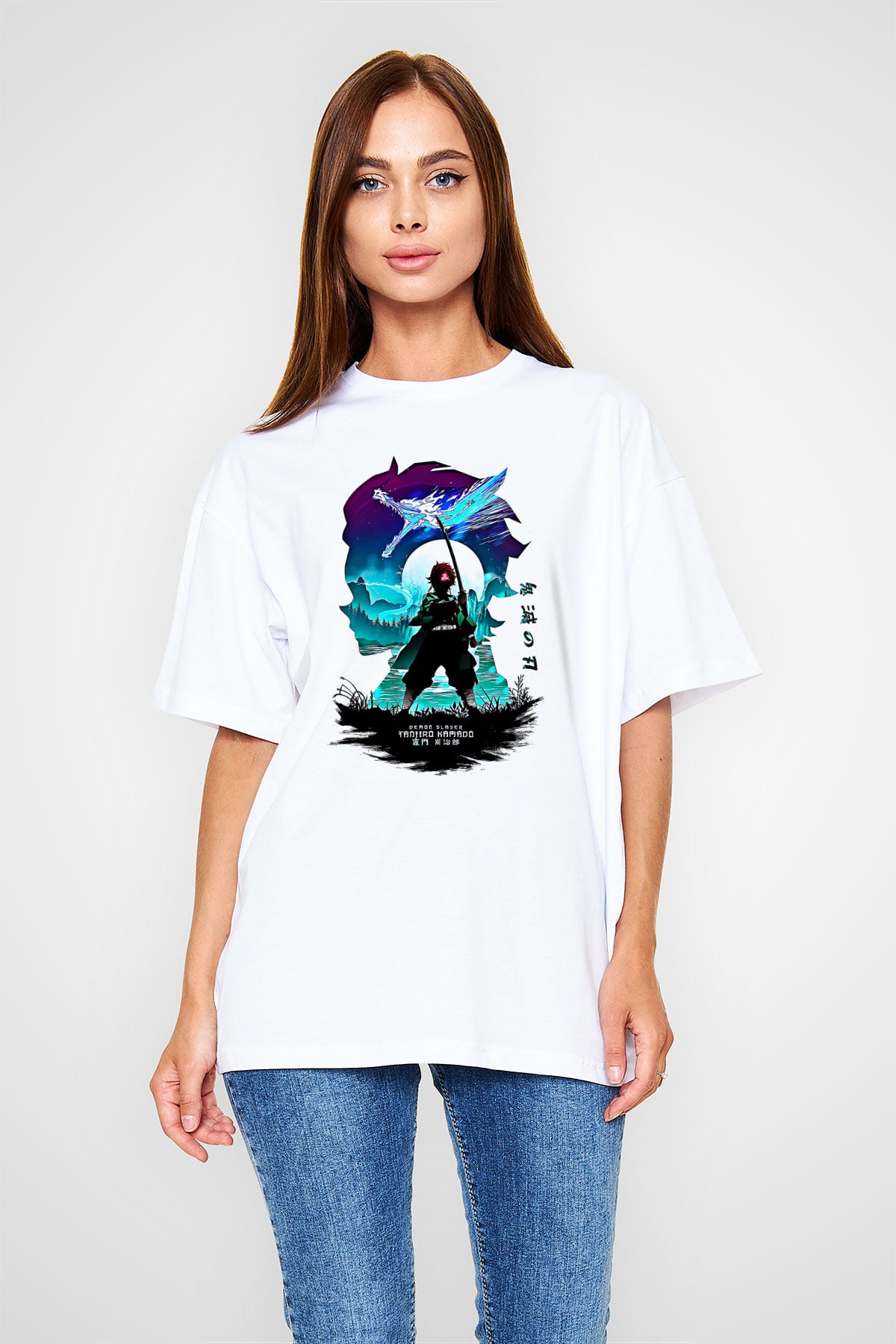 Demon Slayer Baskılı Beyaz Unisex Oversize Tişört - Tshirt