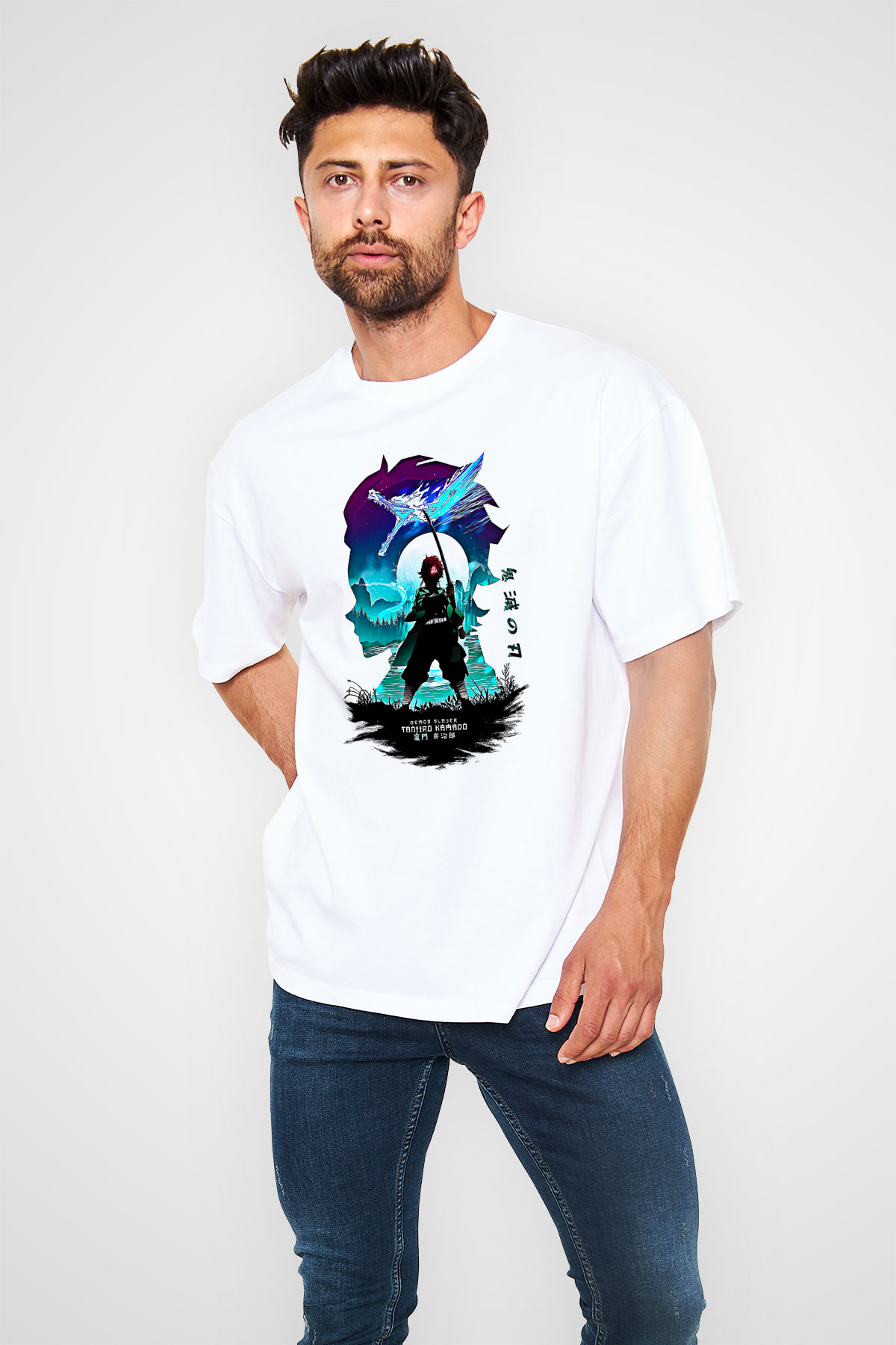 Demon Slayer Baskılı Beyaz Unisex Oversize Tişört - Tshirt