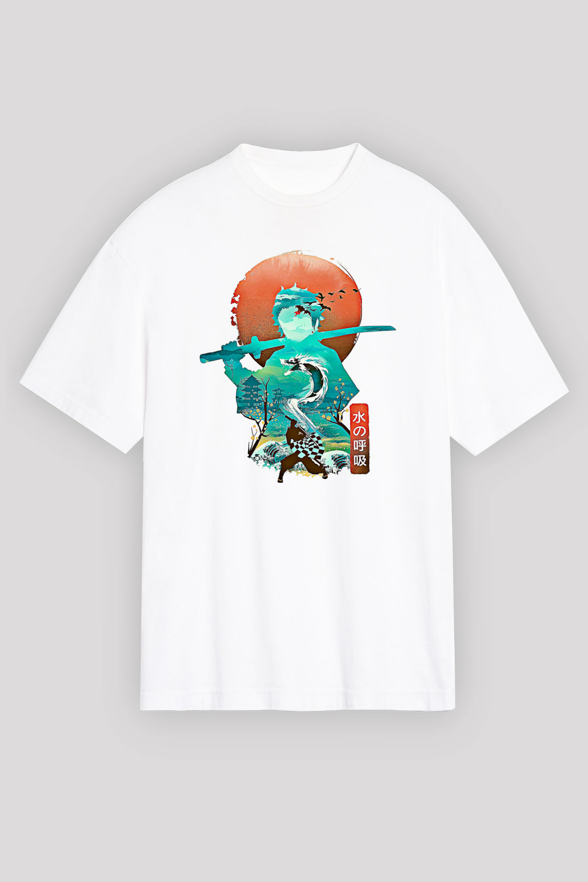 Demon Slayer Baskılı Beyaz Unisex Oversize Tişört - Tshirt