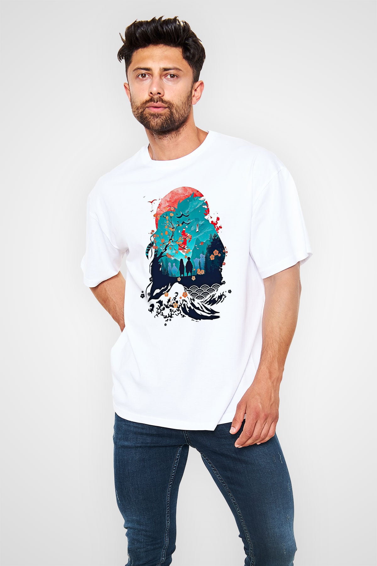 Demon Slayer Baskılı Beyaz Unisex Oversize Tişört - Tshirt