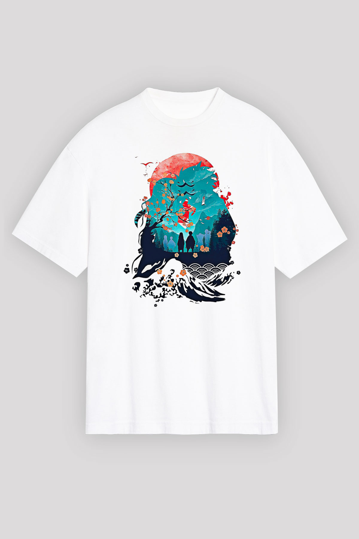 Demon Slayer Baskılı Beyaz Unisex Oversize Tişört - Tshirt