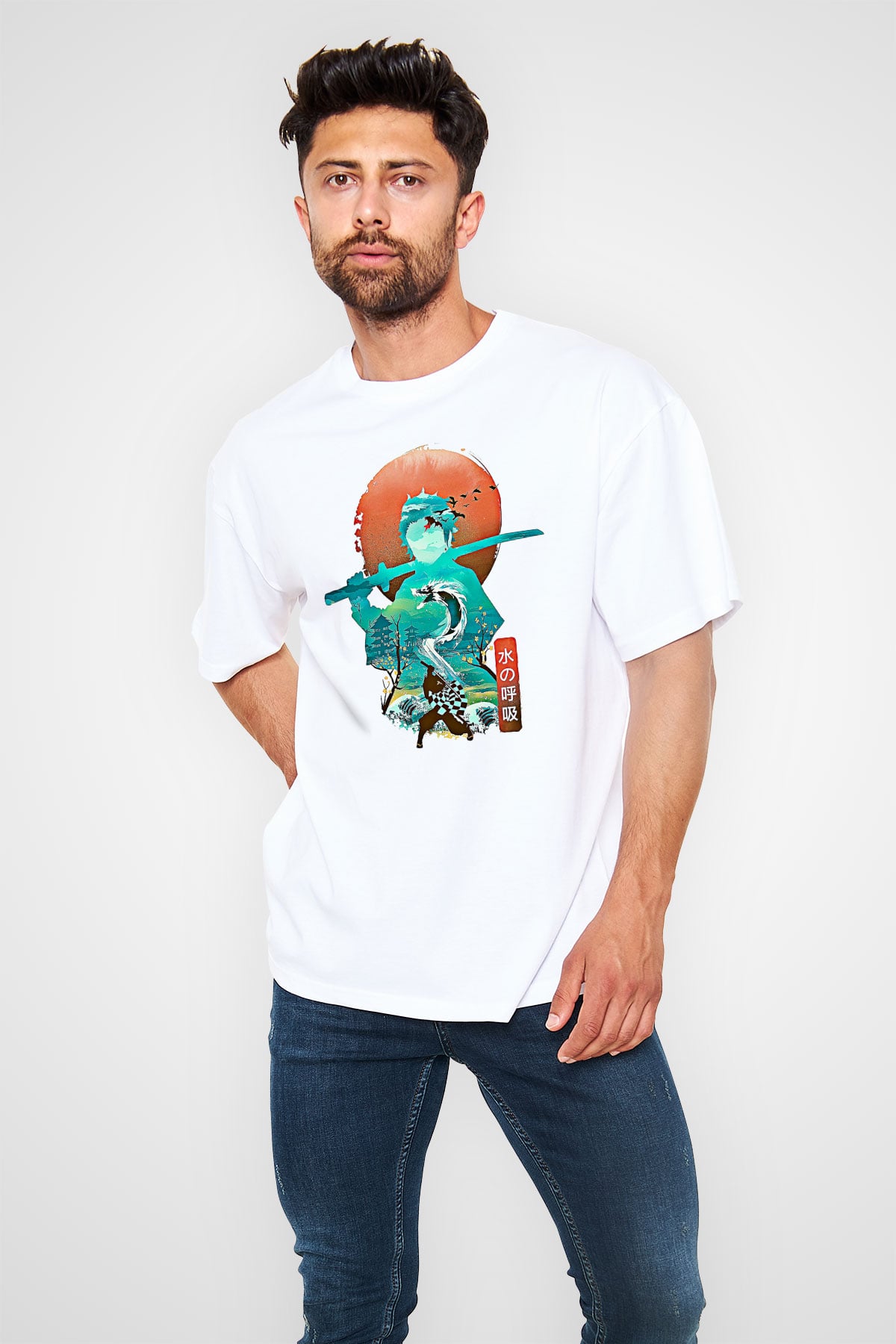 Demon Slayer Baskılı Beyaz Unisex Oversize Tişört - Tshirt
