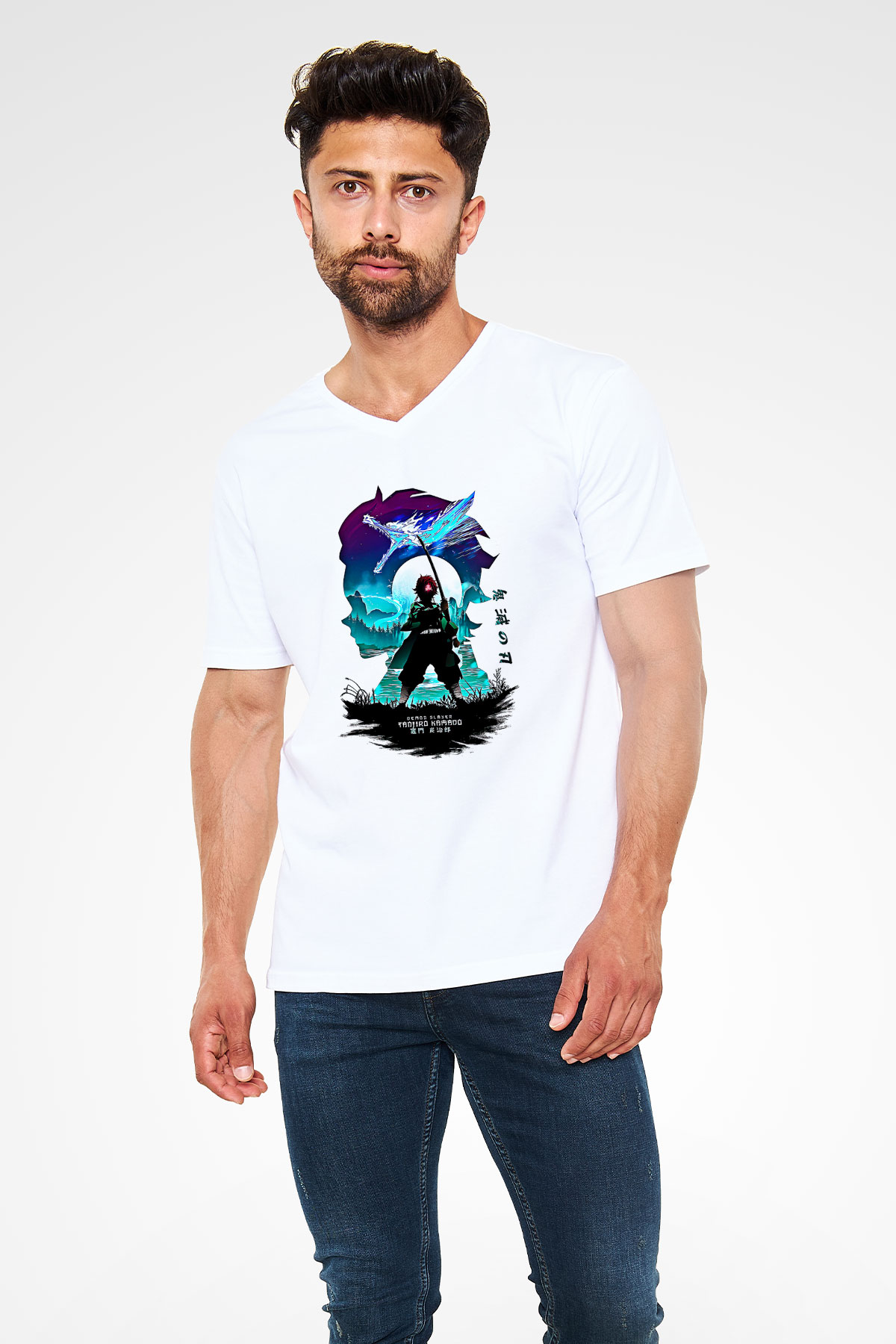 Demon Slayer Baskılı Beyaz Unisex V Yaka Tişört - Tshirt