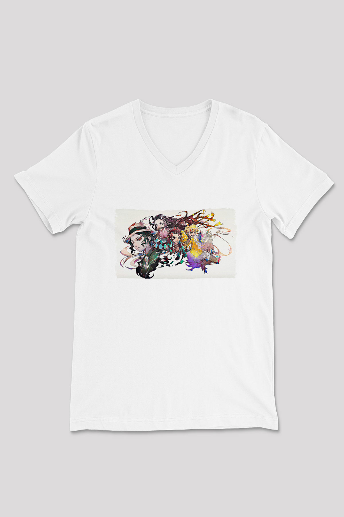 Demon Slayer Baskılı Beyaz Unisex V Yaka Tişört - Tshirt