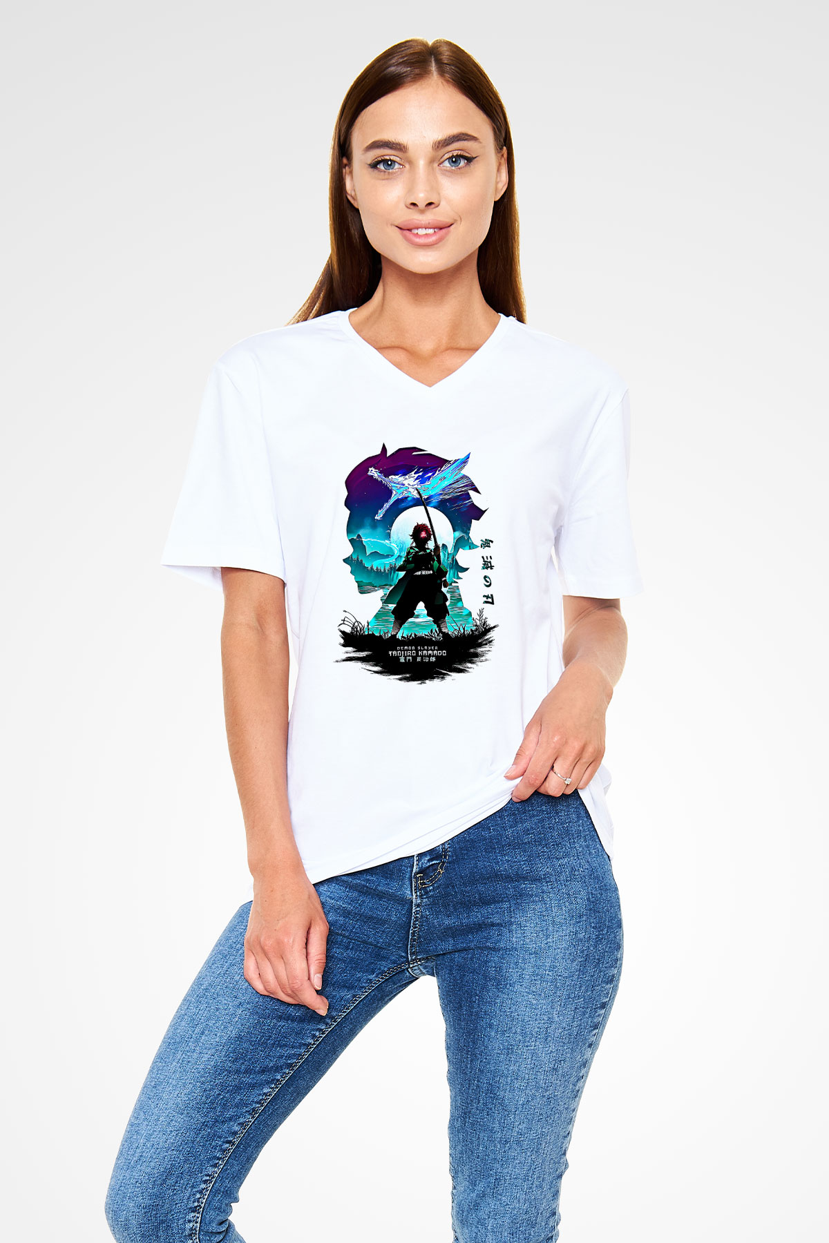 Demon Slayer Baskılı Beyaz Unisex V Yaka Tişört - Tshirt