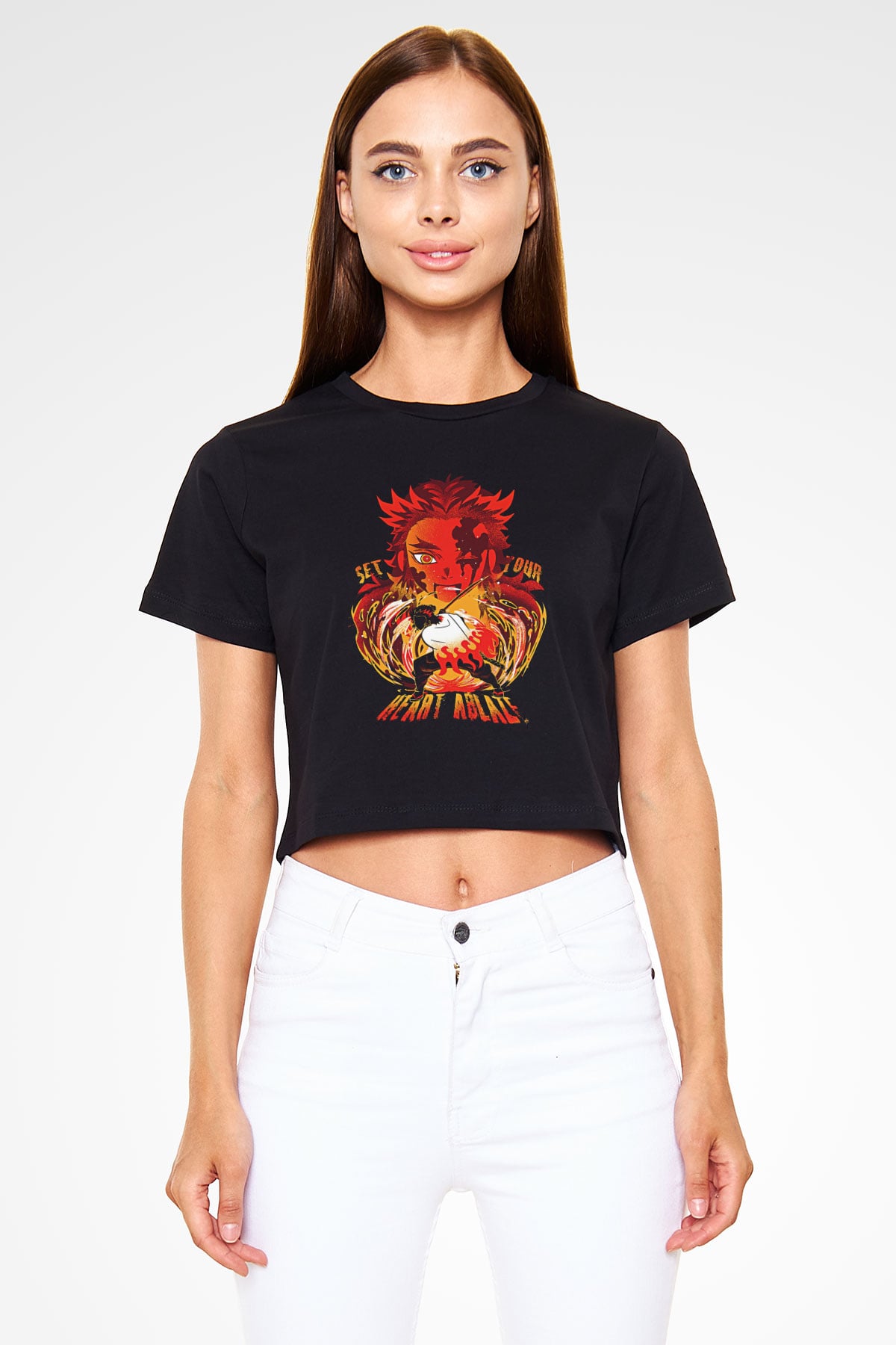 Demon Slayer Baskılı Siyah Crop Top Kadın Tişört - Tshirt