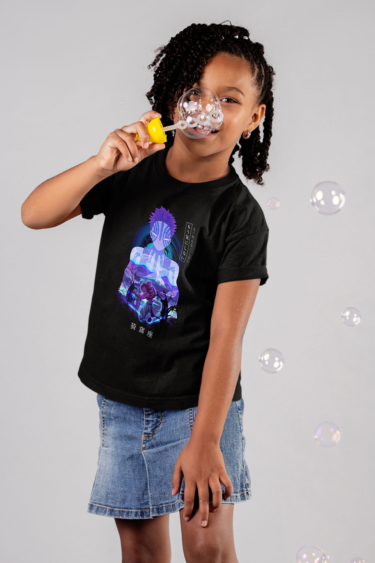 Demon Slayer Baskılı Unisex Siyah Çocuk Tişört - Tshirt