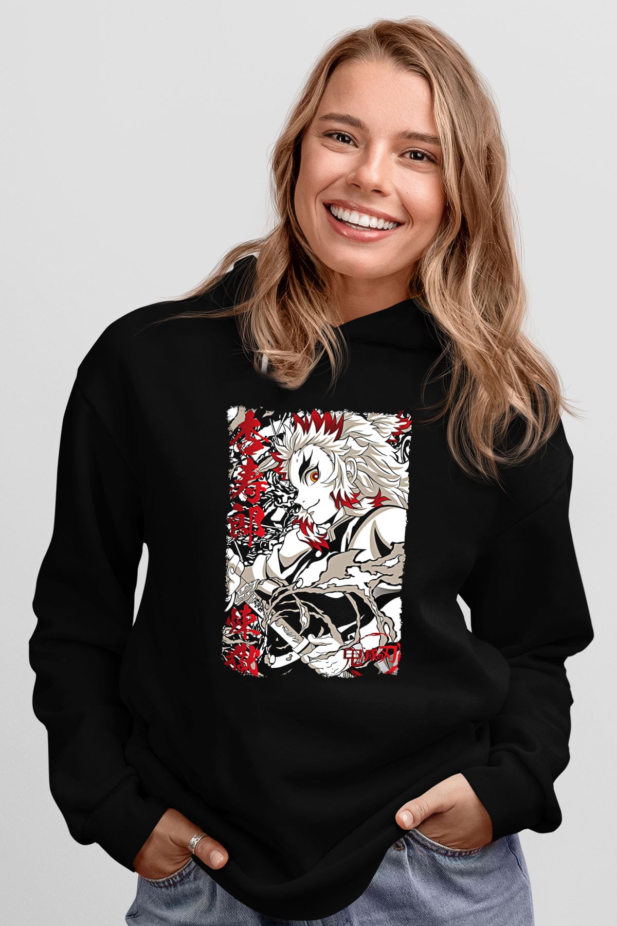 Demon Slayer Baskılı Unisex Siyah Hoodie
