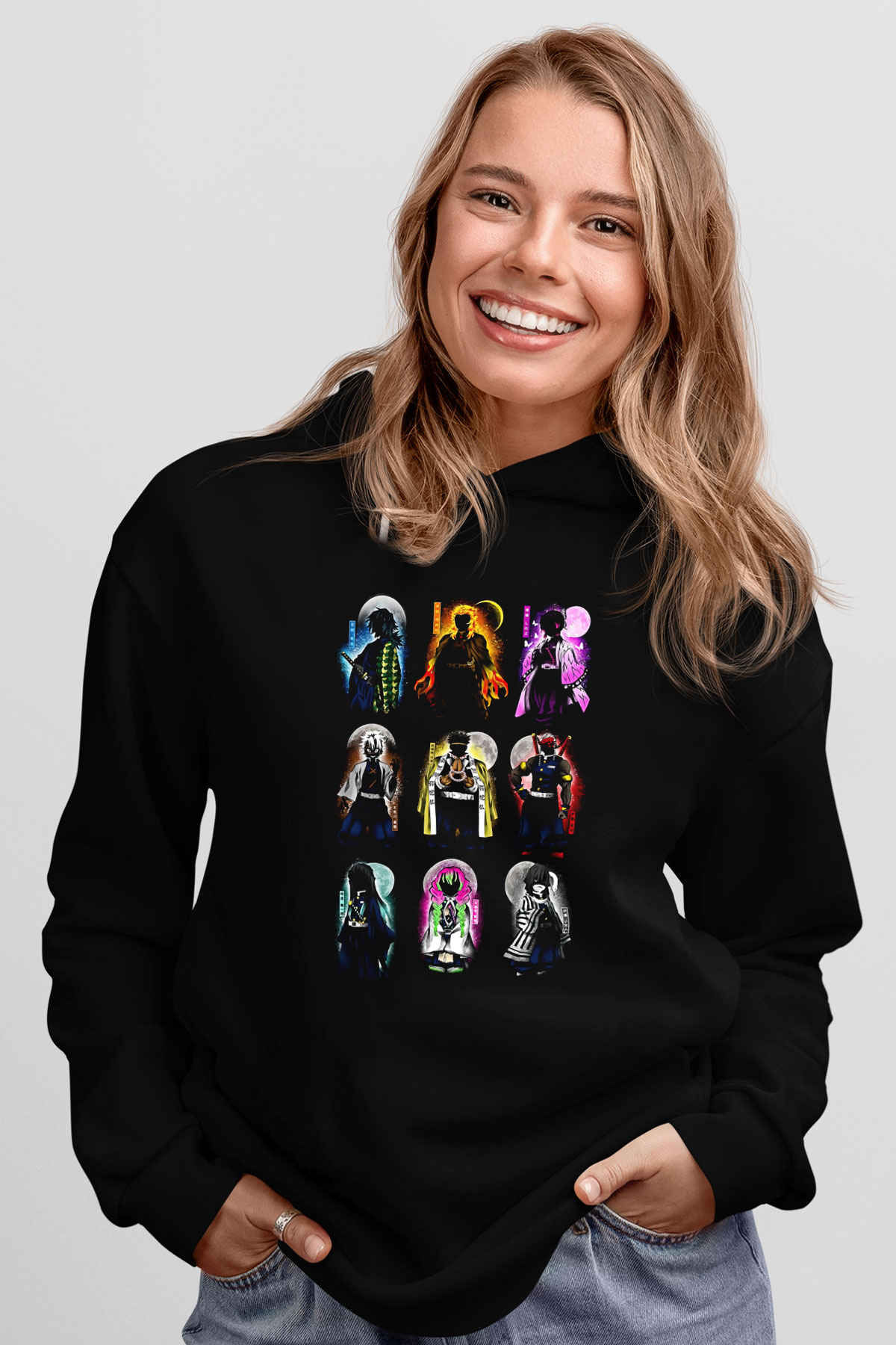 Demon Slayer Baskılı Unisex Siyah Hoodie