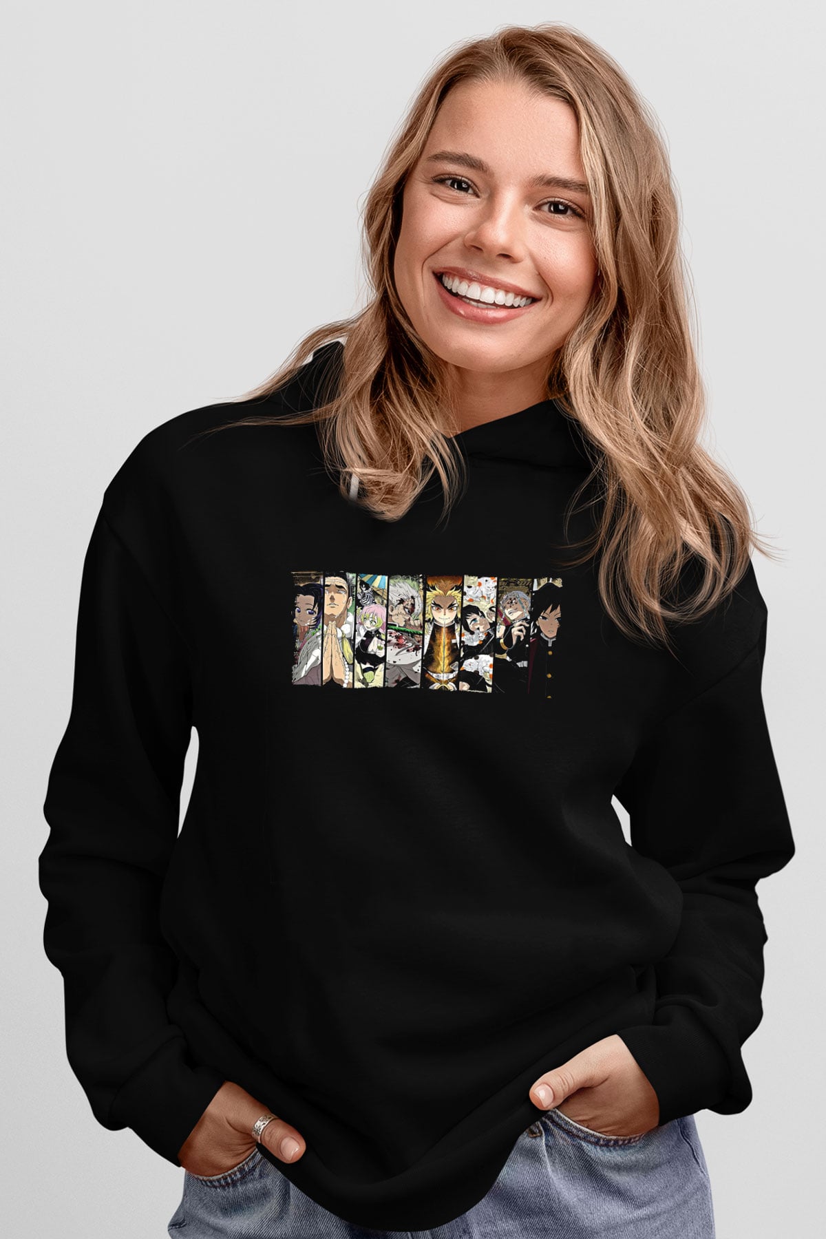Demon Slayer Baskılı Unisex Siyah Hoodie