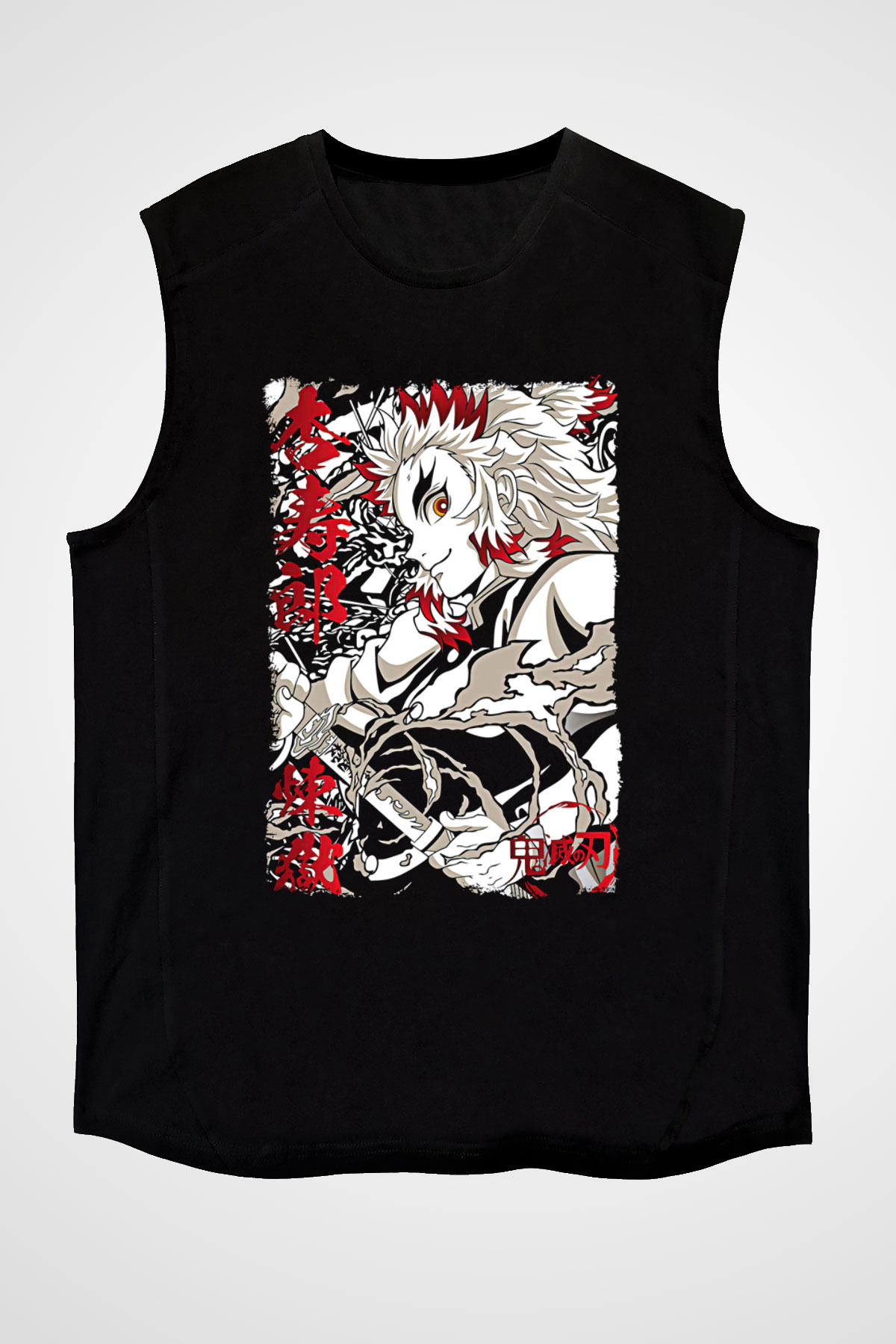 Demon Slayer Baskılı Unisex Siyah Kolsuz Tişört - Tshirt