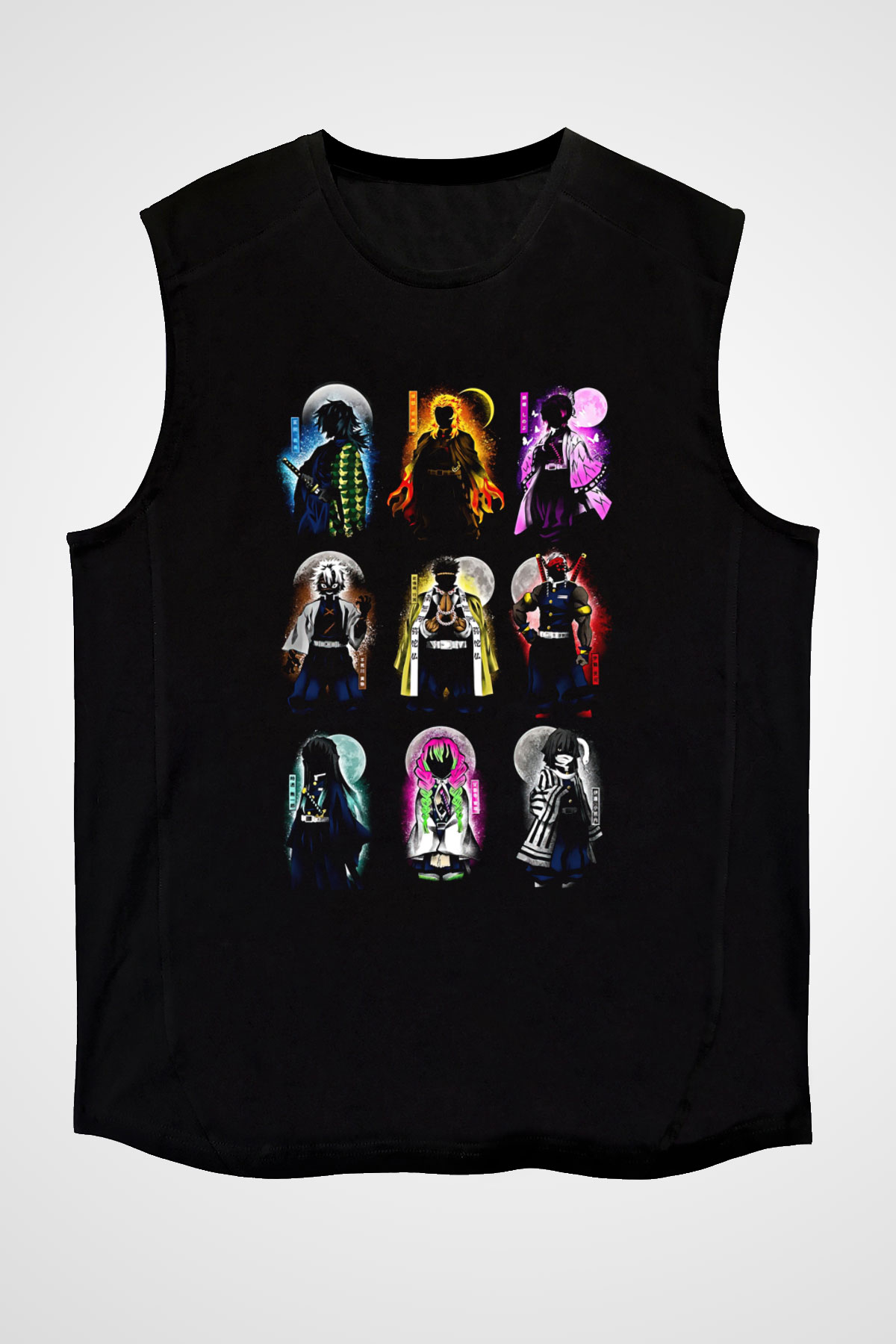 Demon Slayer Baskılı Unisex Siyah Kolsuz Tişört - Tshirt