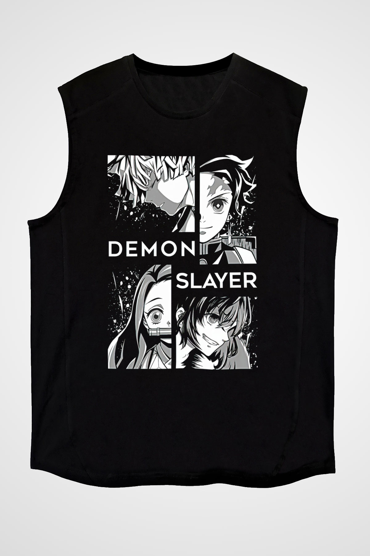 Demon Slayer Baskılı Unisex Siyah Kolsuz Tişört - Tshirt