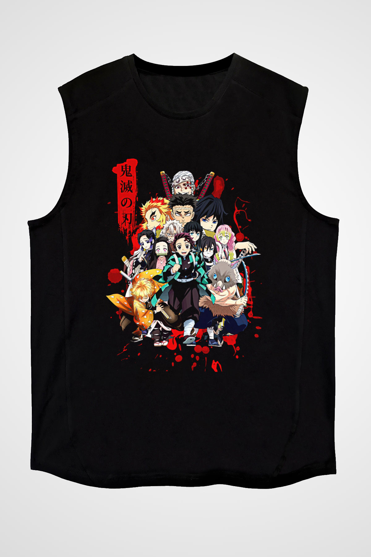 Demon Slayer Baskılı Unisex Siyah Kolsuz Tişört - Tshirt