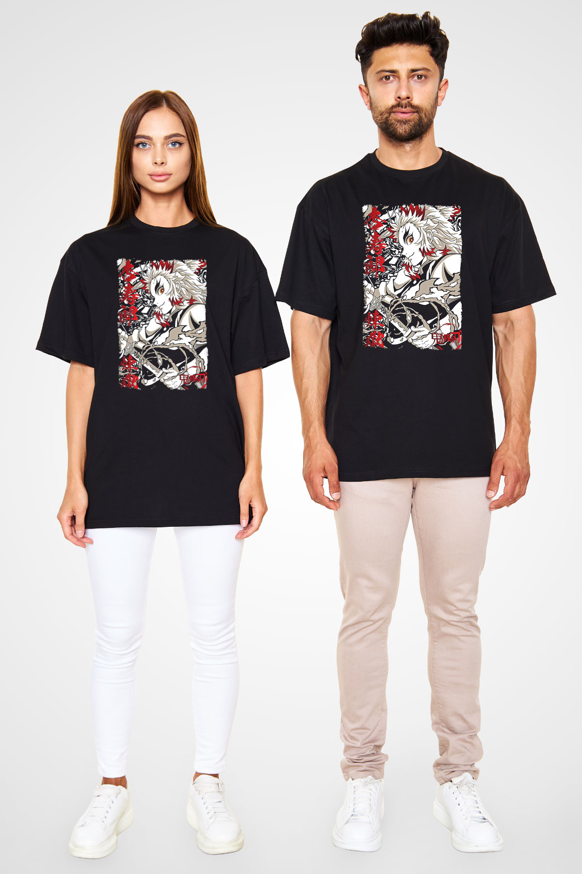 Demon Slayer Baskılı Unisex Siyah Oversize Tişört - Tshirt