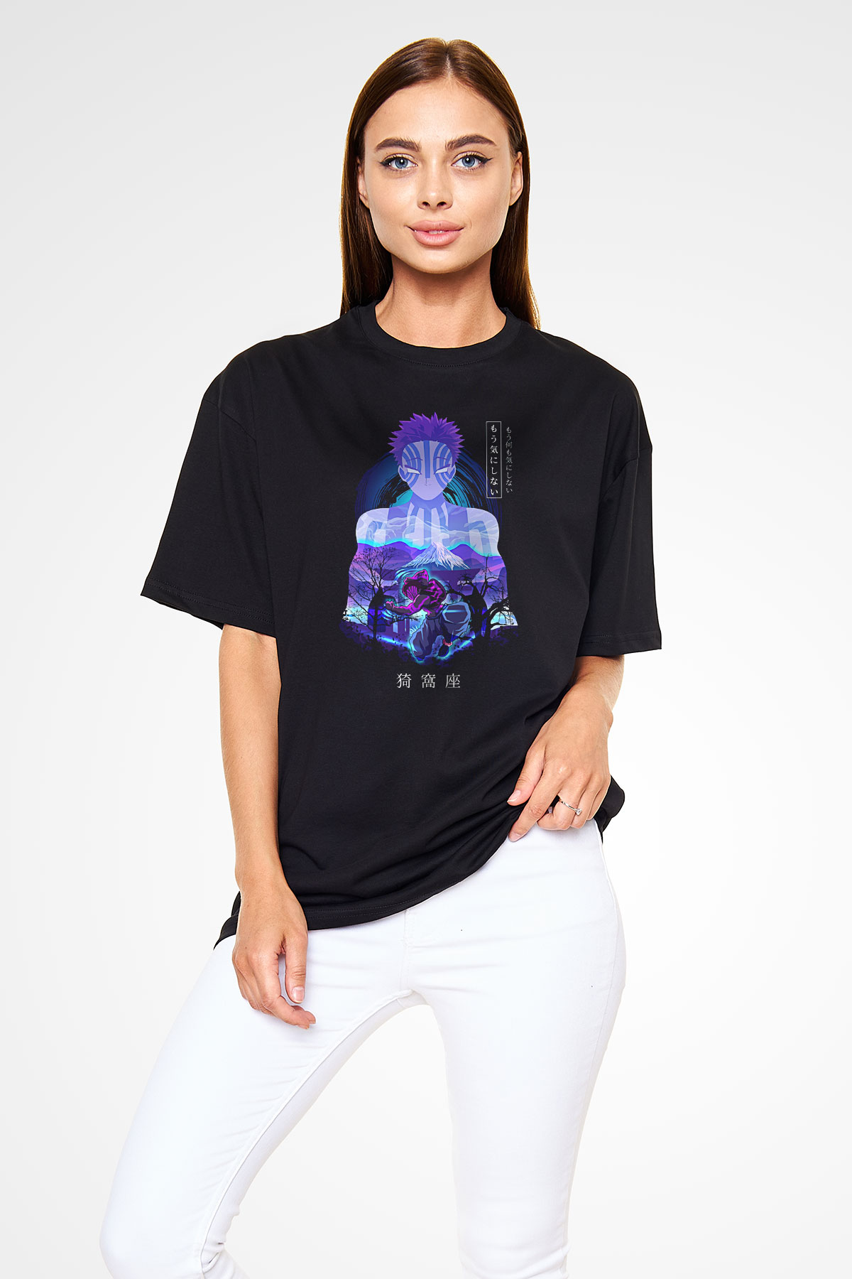 Demon Slayer Baskılı Unisex Siyah Oversize Tişört - Tshirt