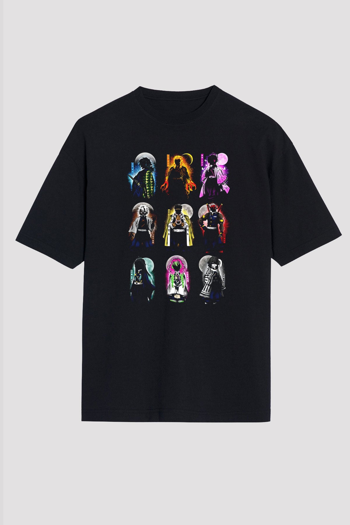 Demon Slayer Baskılı Unisex Siyah Oversize Tişört - Tshirt