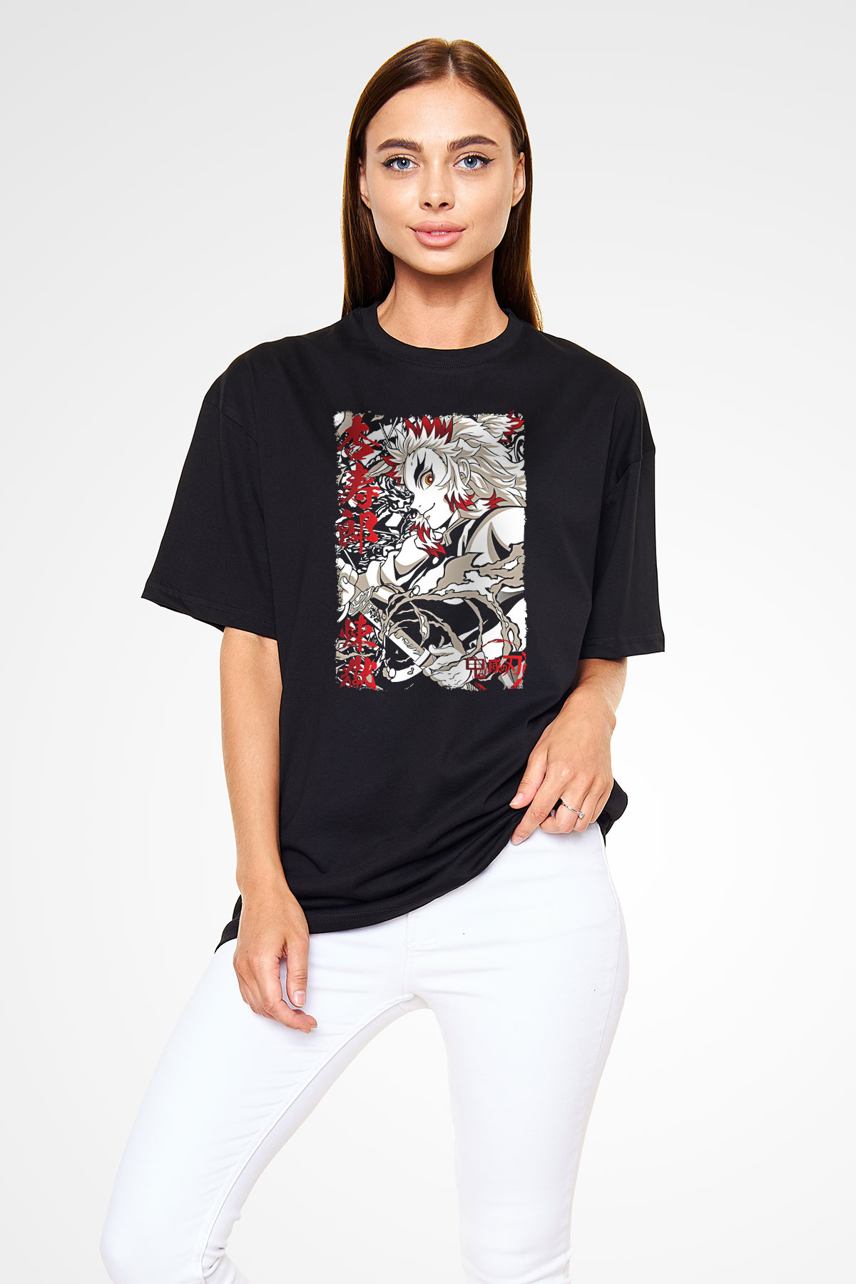 Demon Slayer Baskılı Unisex Siyah Oversize Tişört - Tshirt