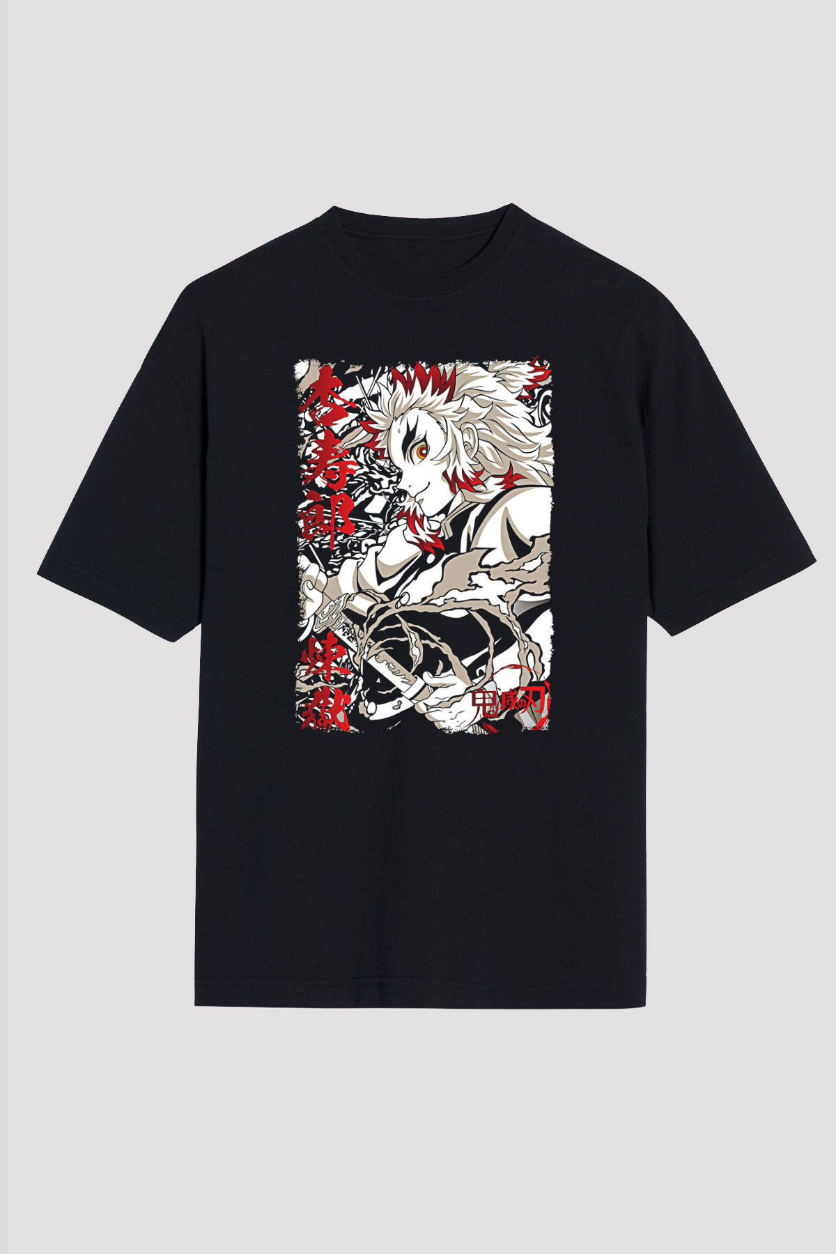 Demon Slayer Baskılı Unisex Siyah Oversize Tişört - Tshirt