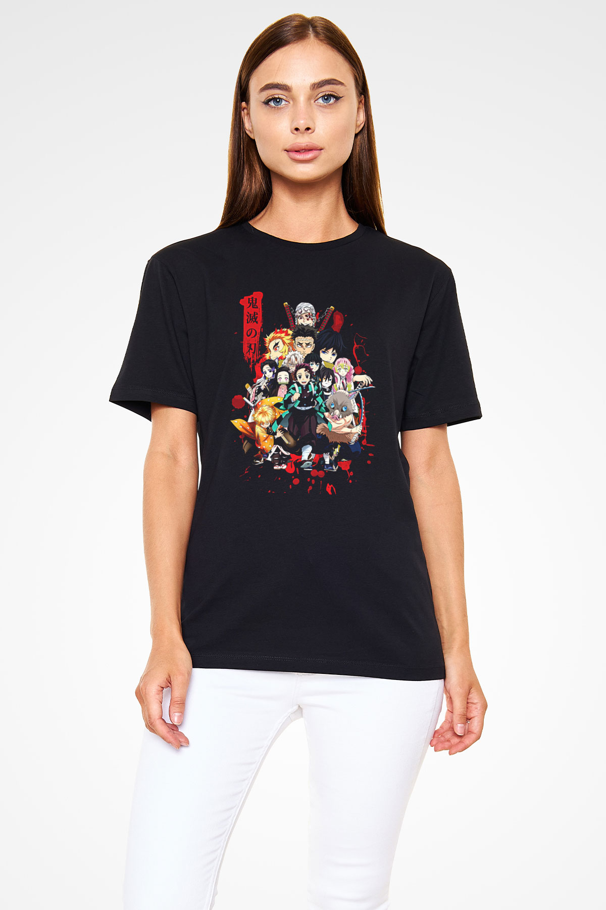 Demon Slayer Baskılı Unisex Siyah Tişört - Tshirt
