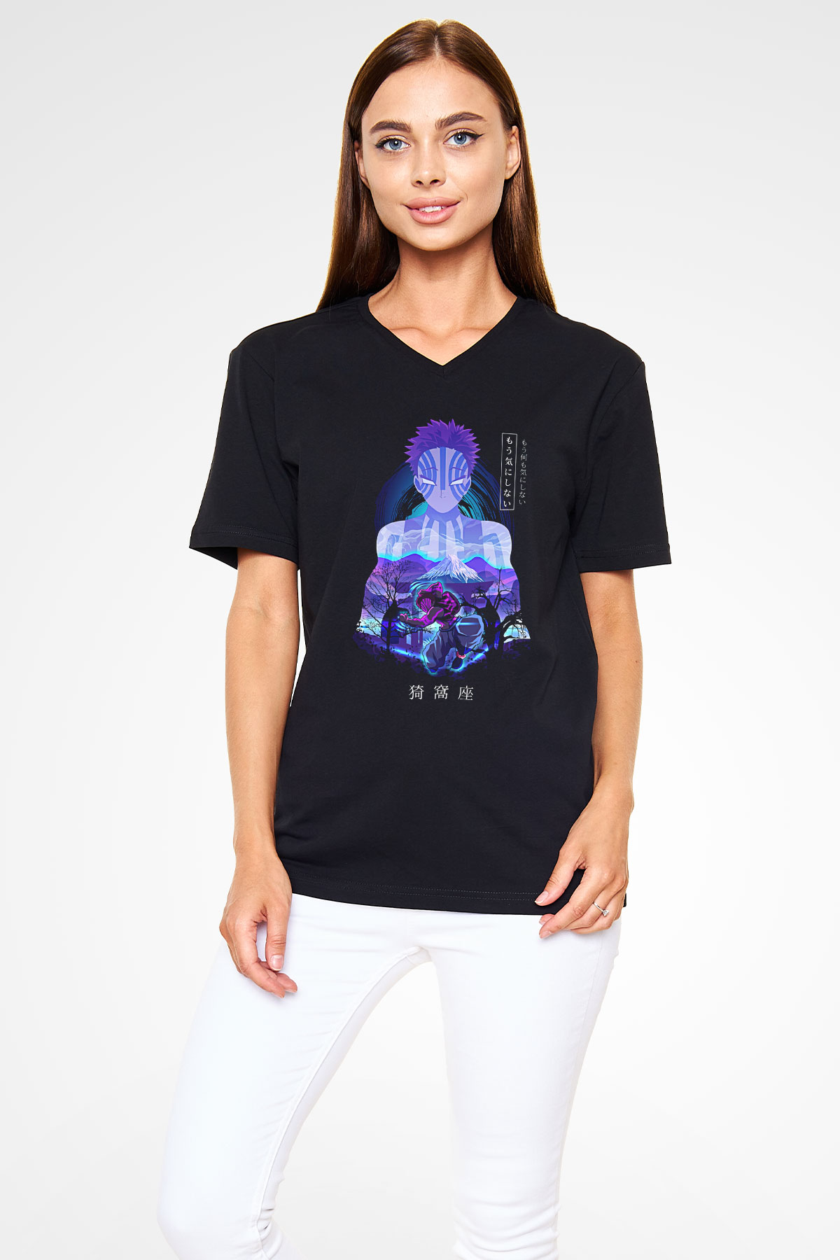 Demon Slayer Baskılı Unisex Siyah V Yaka Tişört - Tshirt