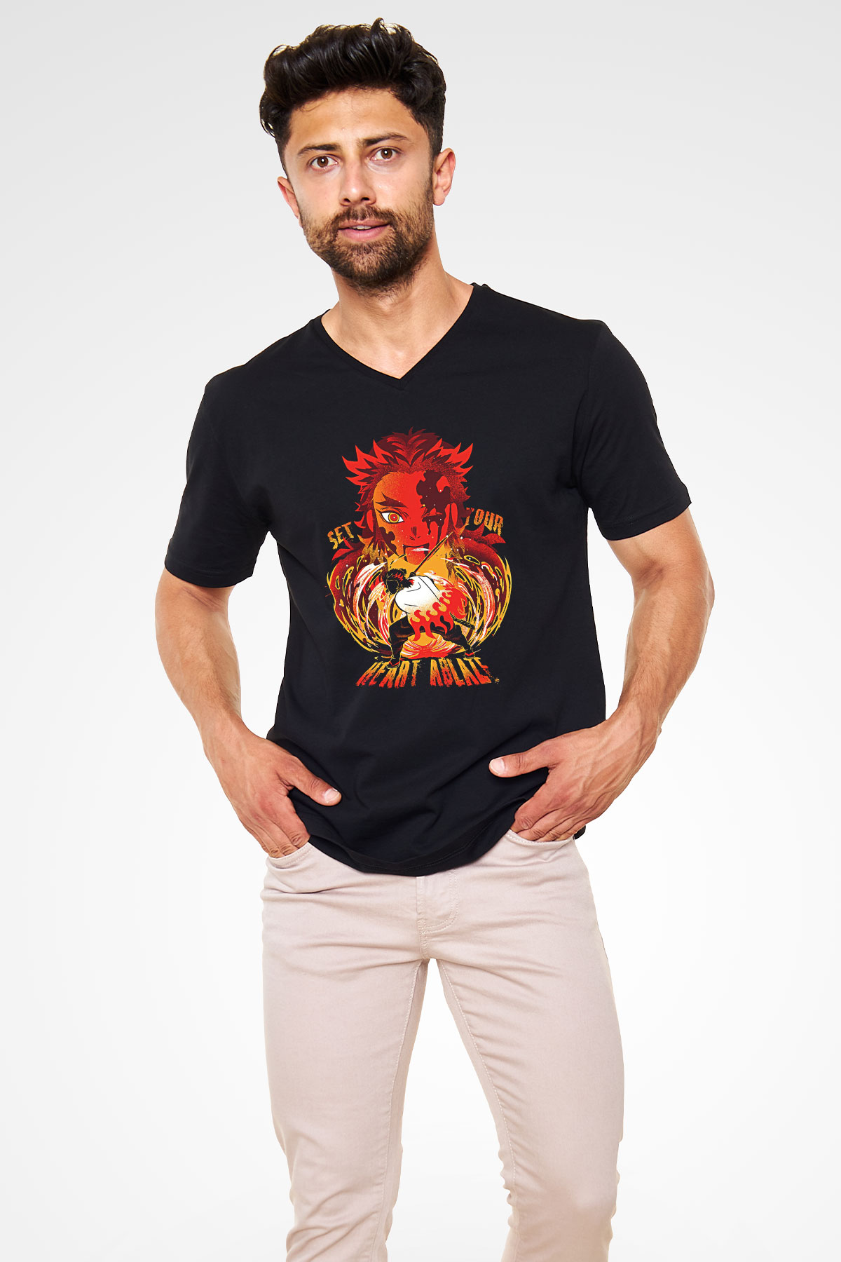 Demon Slayer Baskılı Unisex Siyah V Yaka Tişört - Tshirt