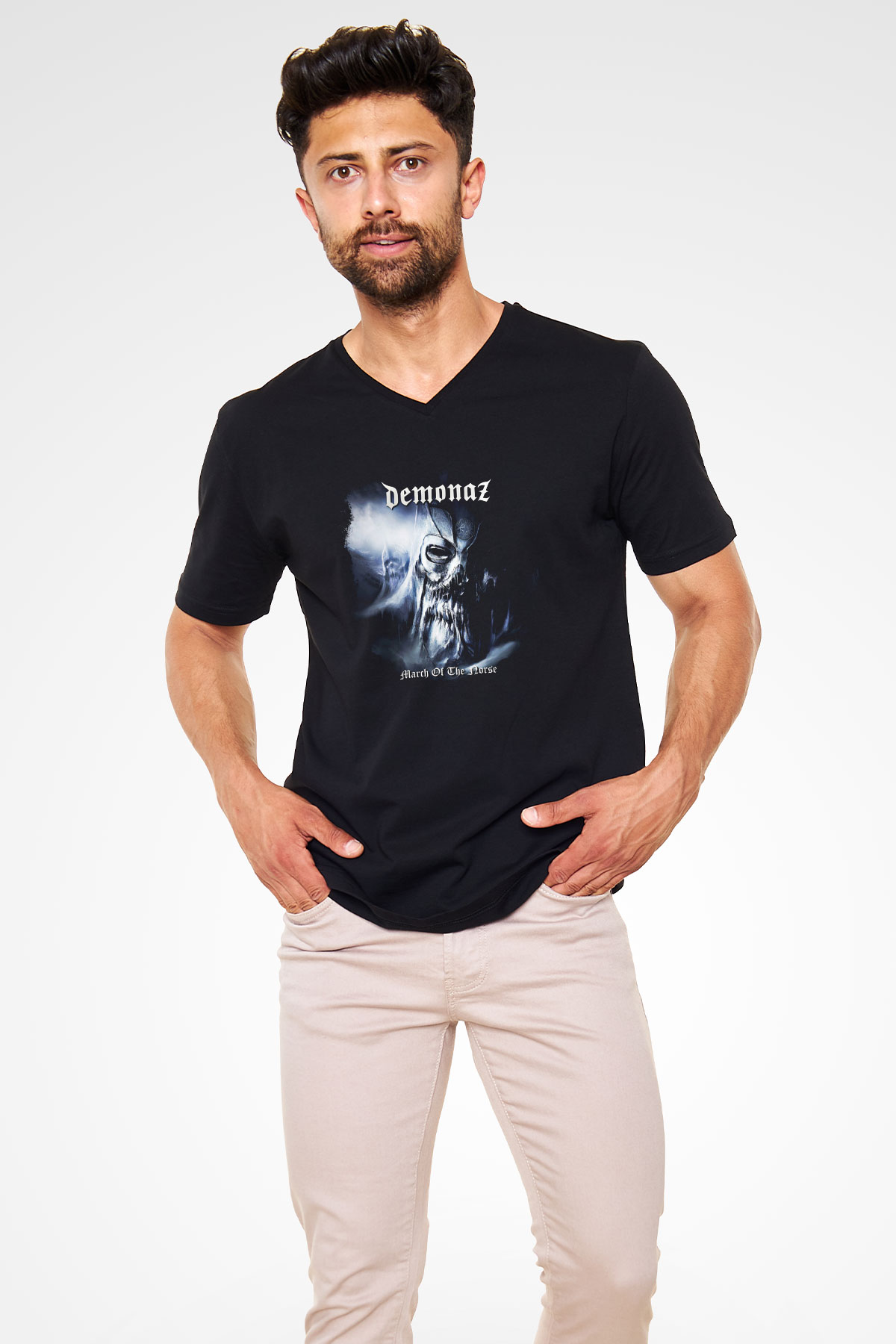 Demonaz Baskılı Unisex Siyah V Yaka Tişört