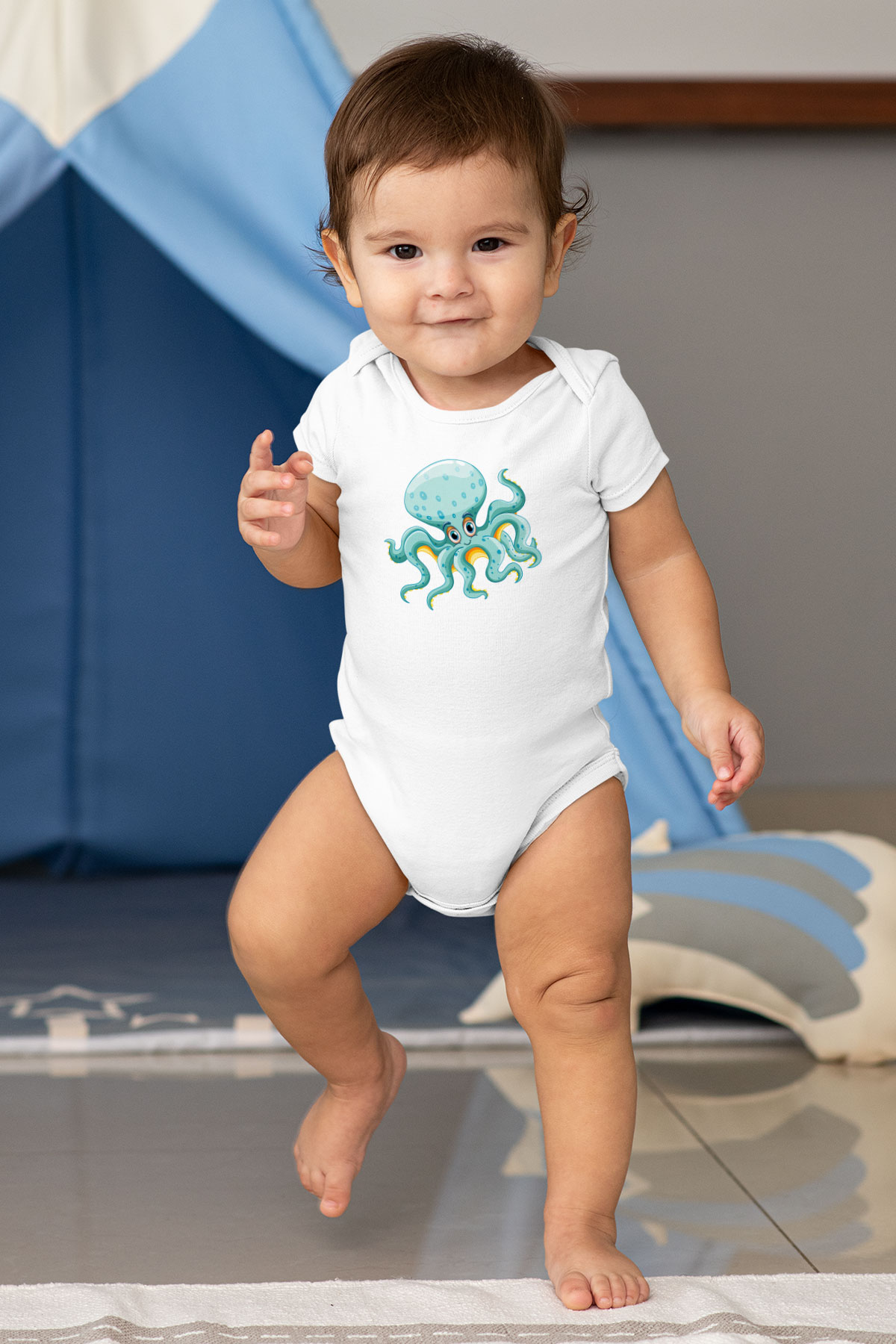 Deniz canlıları Baskılı Beyaz Unisex Bebek Body - Zıbın