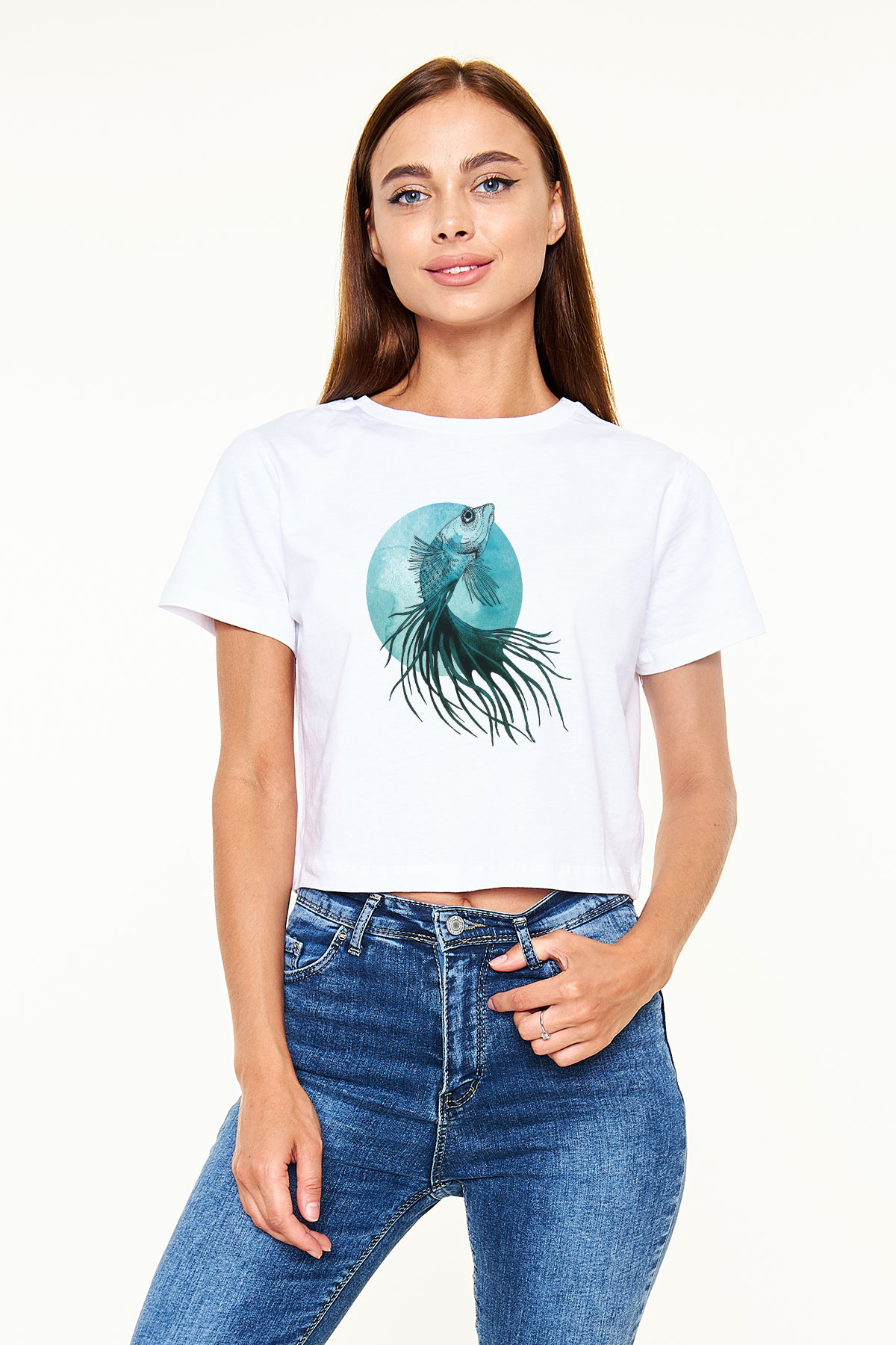 Deniz canlıları Beyaz Croptop Tişört