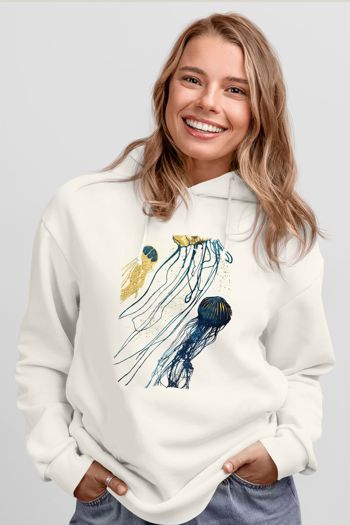 Deniz canlıları Beyaz Unisex Kapüşonlu Sweatshirt