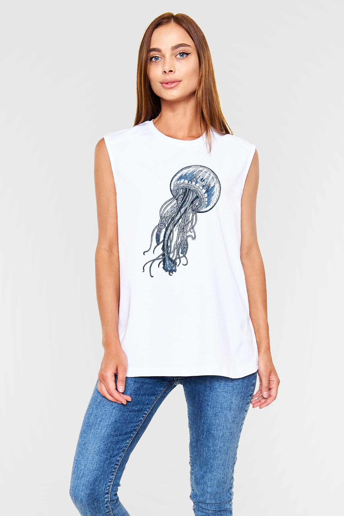 Deniz canlıları Beyaz Unisex Kolsuz Tişört