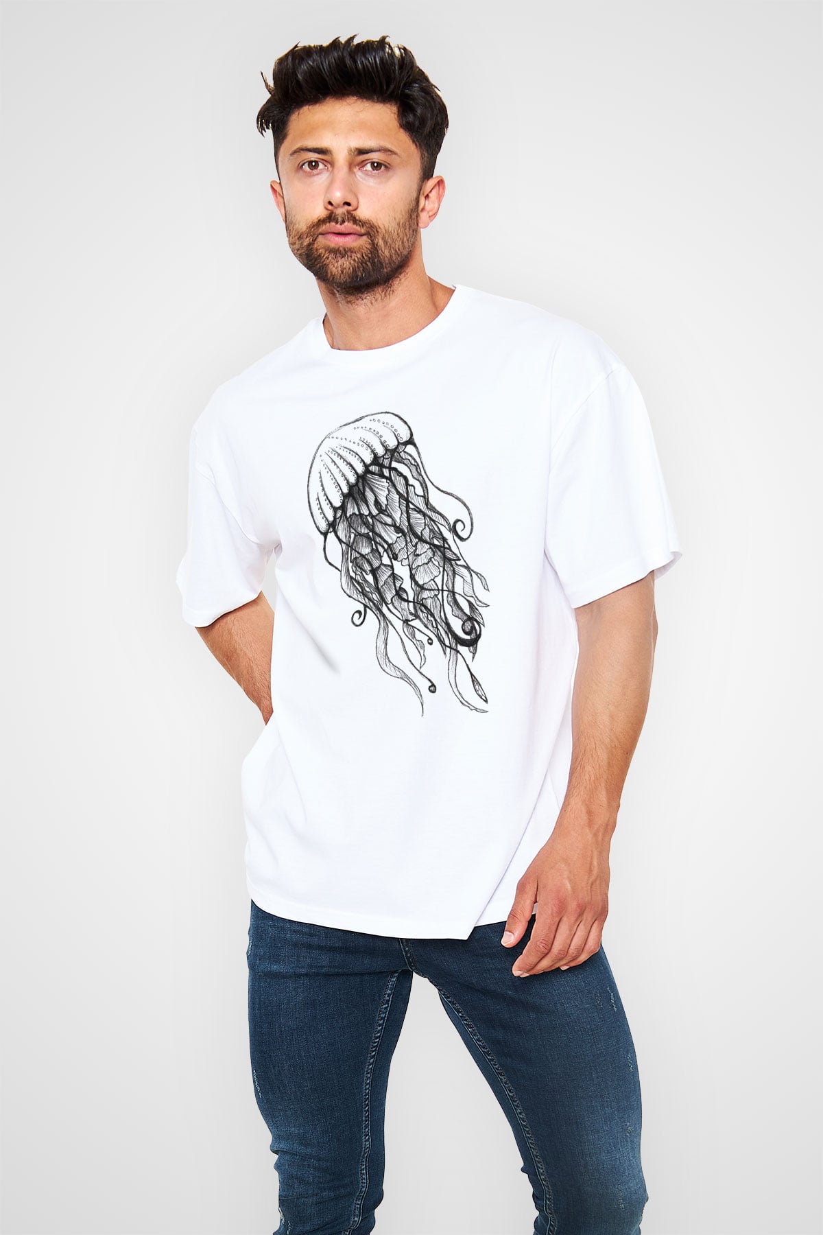 Deniz canlıları Beyaz Unisex Oversize Tişört T-Shirt