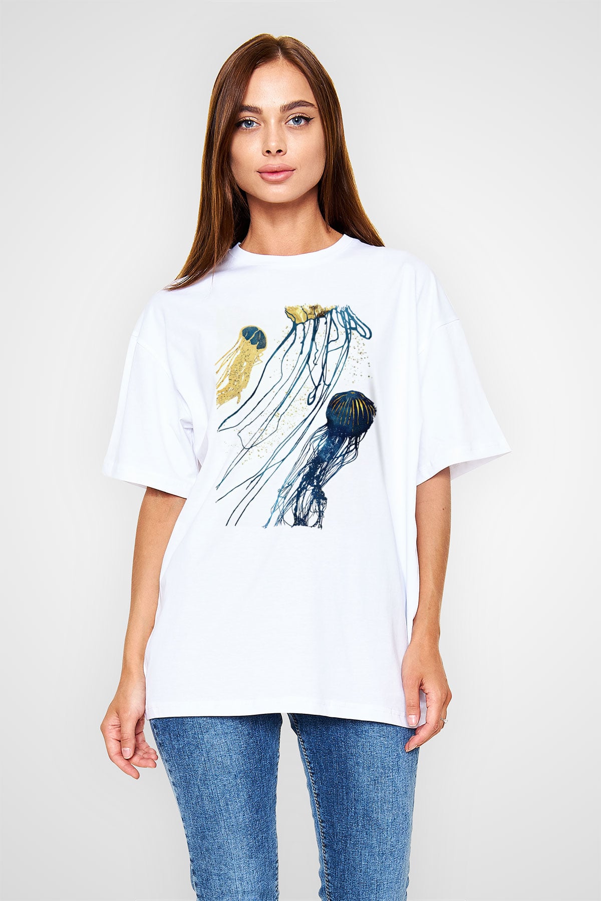 Deniz canlıları Beyaz Oversize Tişört Oversize T-shirt - TişörtFabrikası
