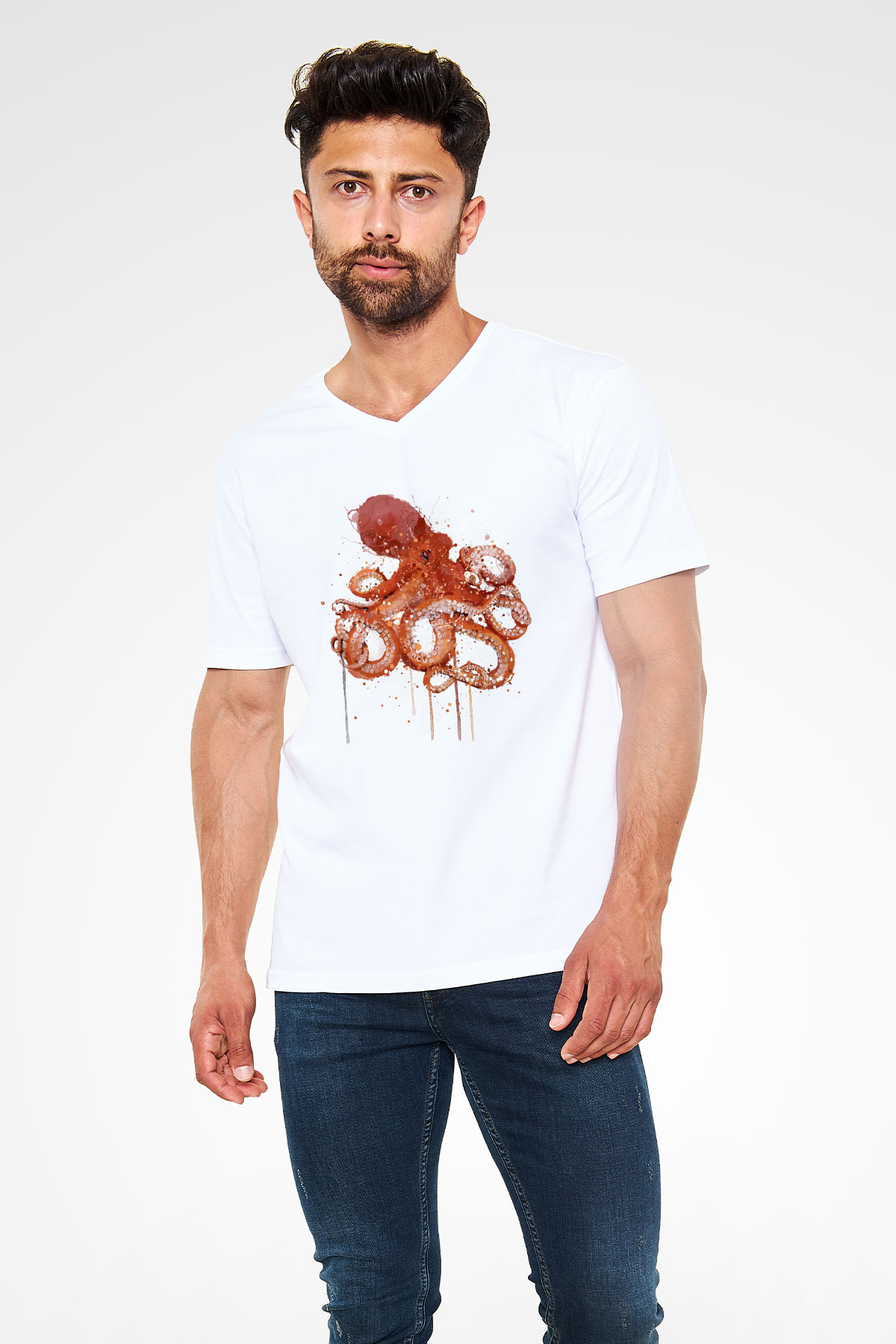 Deniz canlıları Beyaz Unisex V Yaka Tişört