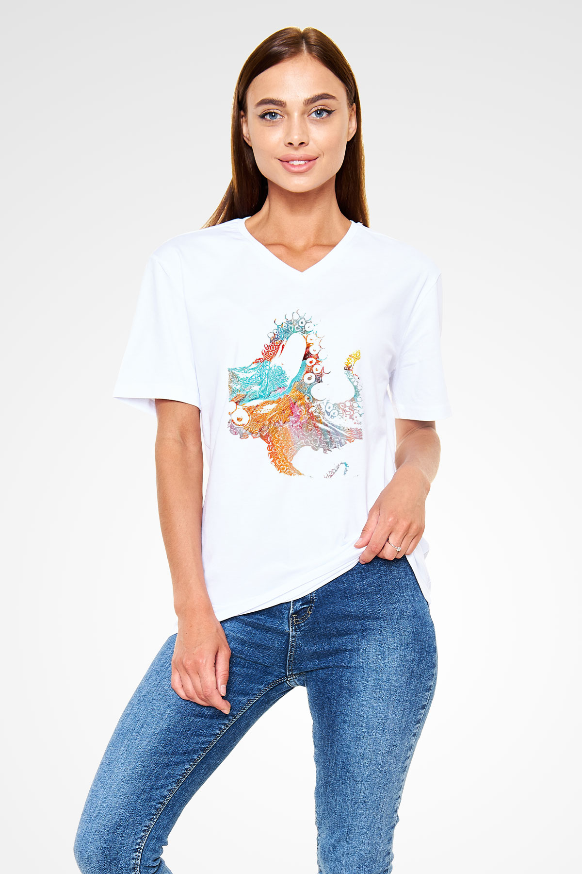 Deniz canlıları Beyaz Unisex V Yaka Tişört