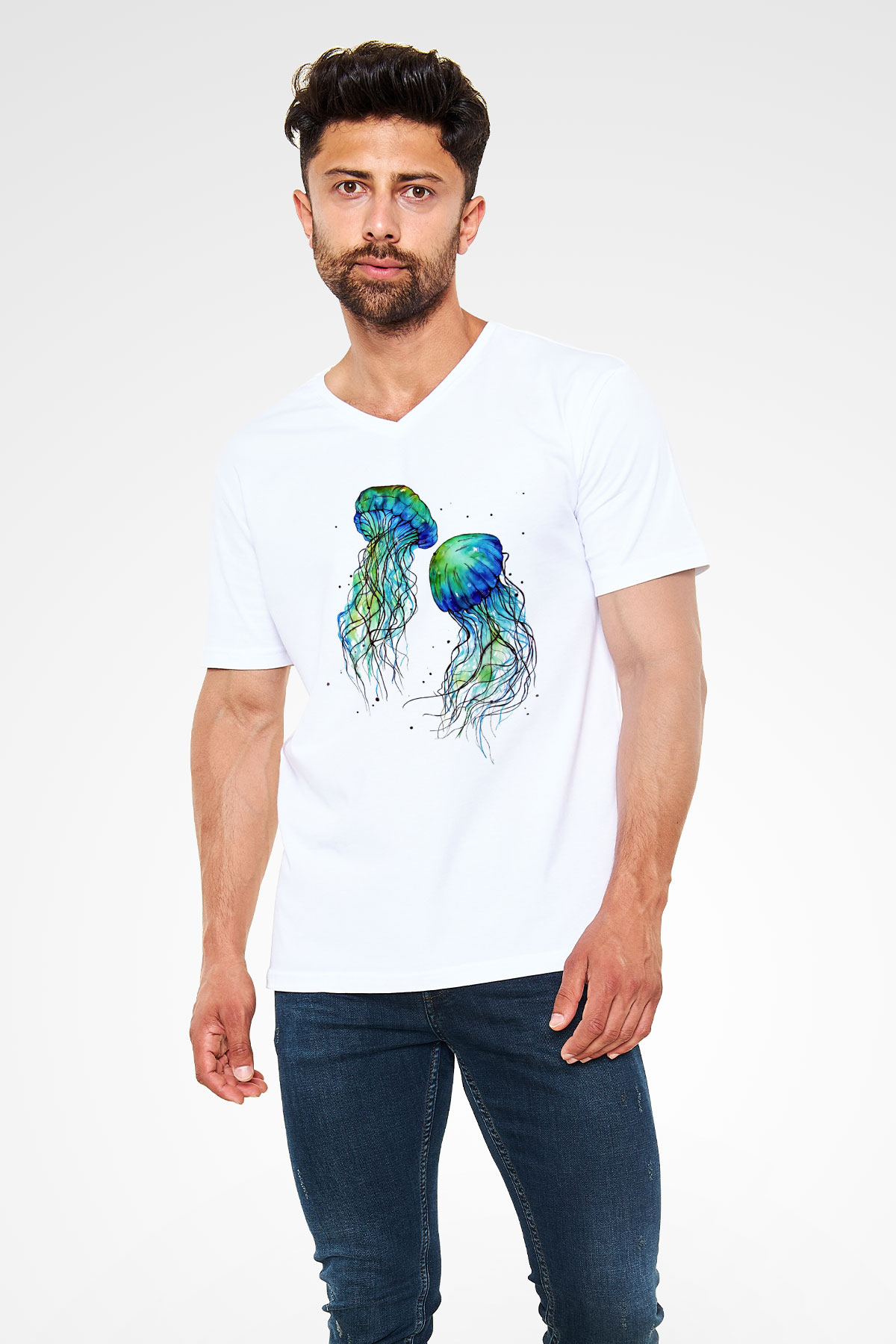 Deniz canlıları Beyaz Unisex V Yaka Tişört T-Shirt
