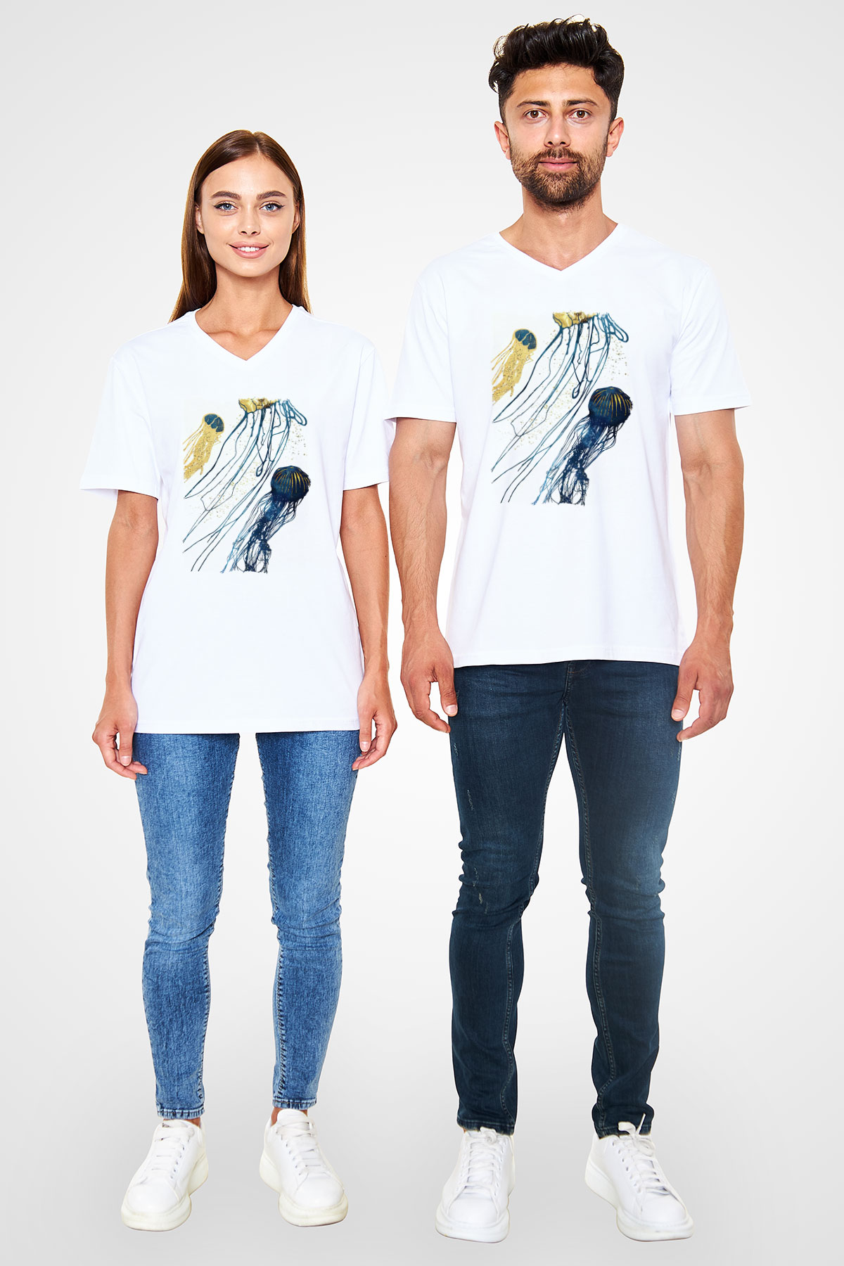 Deniz canlıları Beyaz Unisex V Yaka Tişört