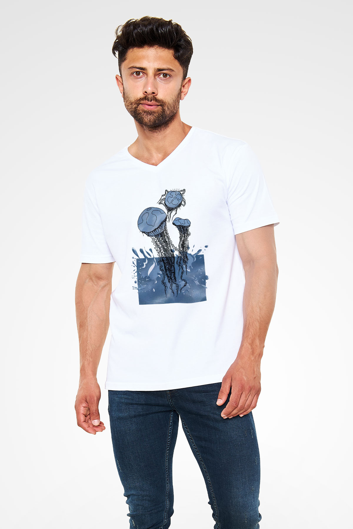 Deniz canlıları Beyaz Unisex V Yaka Tişört