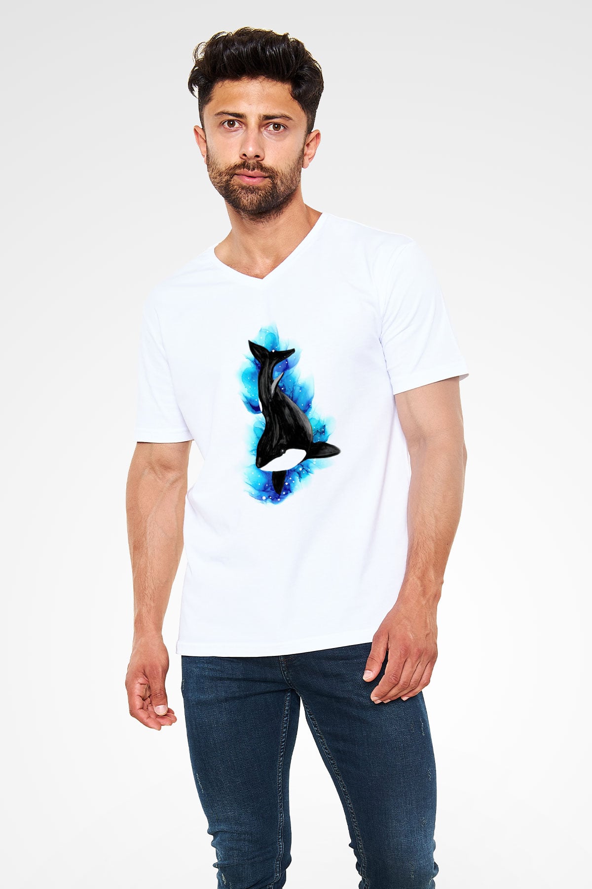 Deniz canlıları Beyaz Unisex V Yaka Tişört