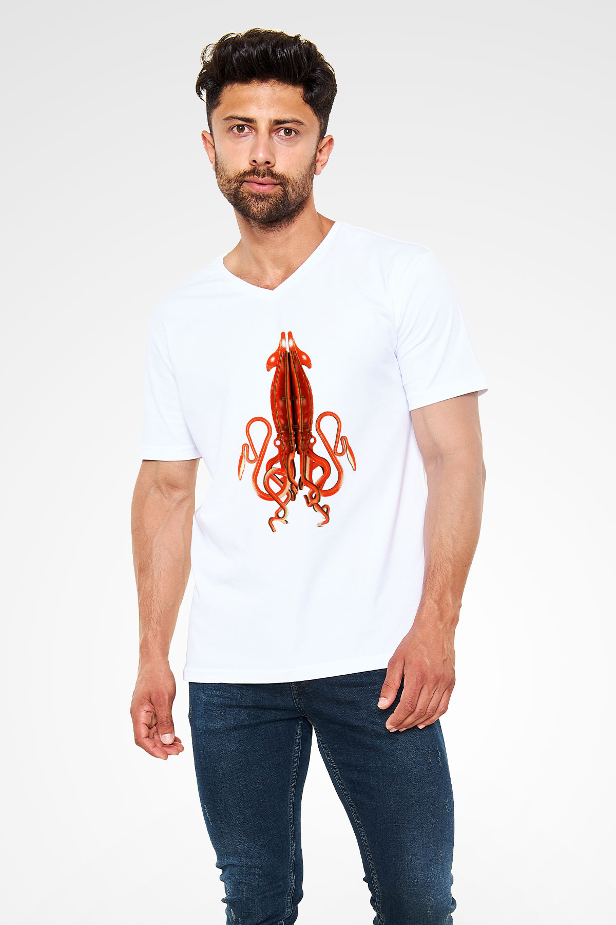 Deniz canlıları Beyaz Unisex V Yaka Tişört T-Shirt