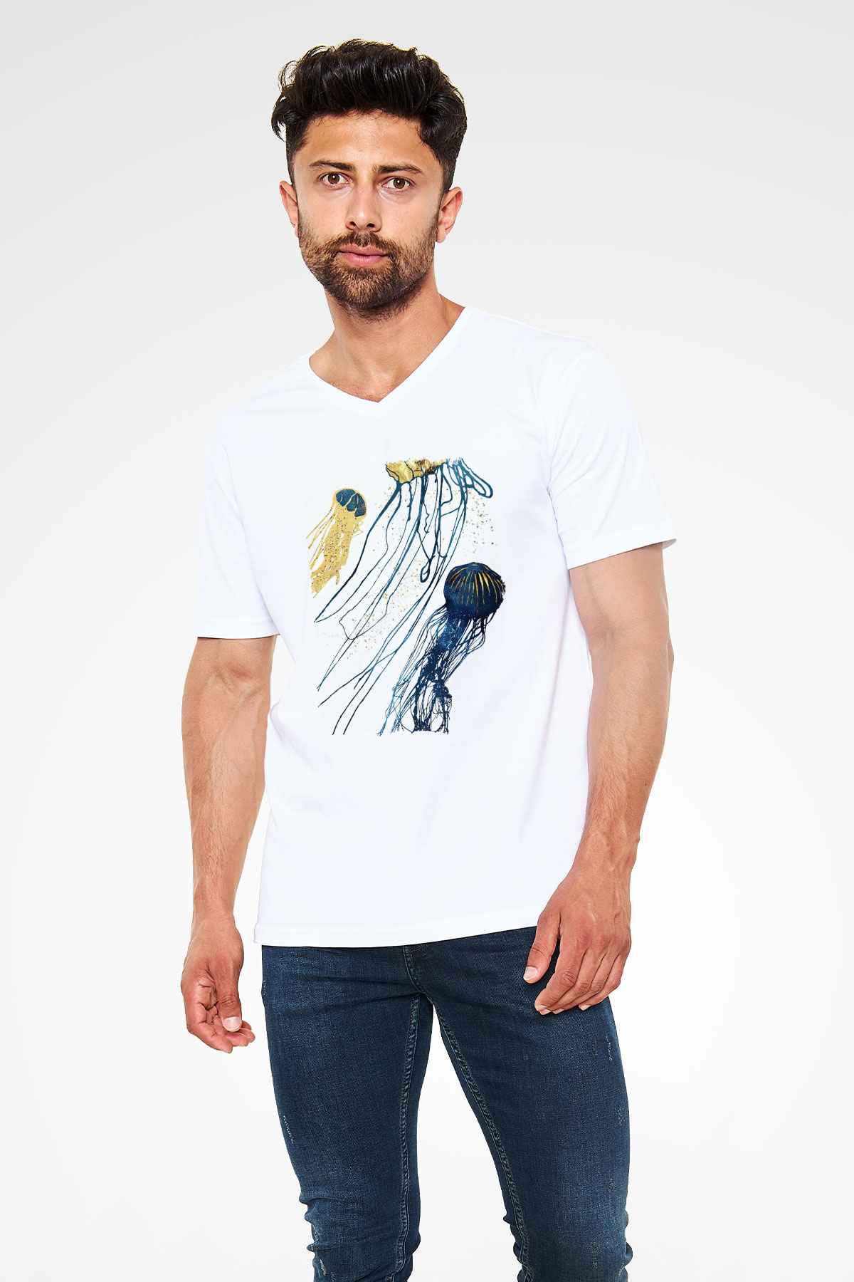 Deniz canlıları Beyaz Unisex V Yaka Tişört