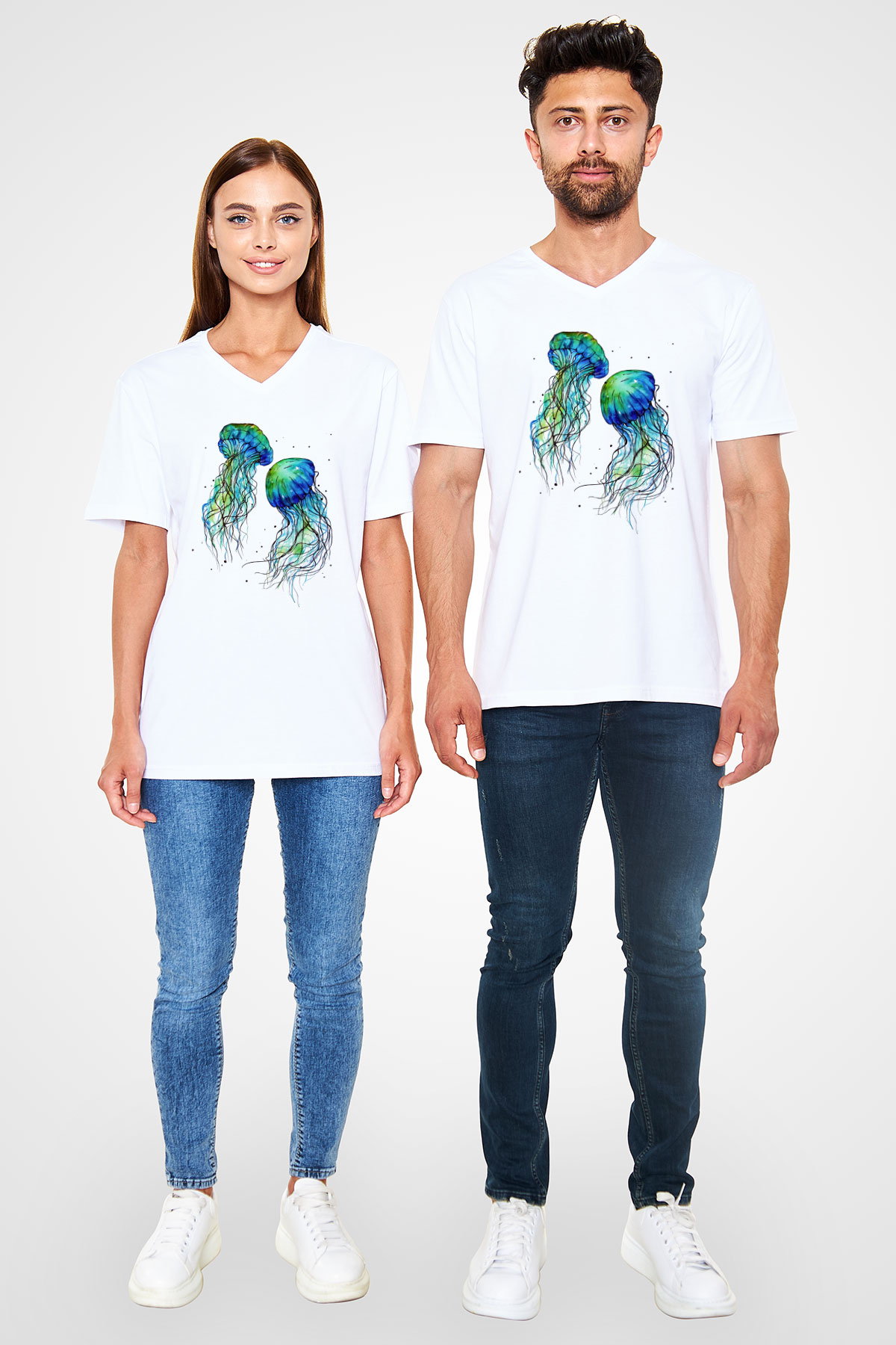 Deniz canlıları Beyaz Unisex V Yaka Tişört T-Shirt