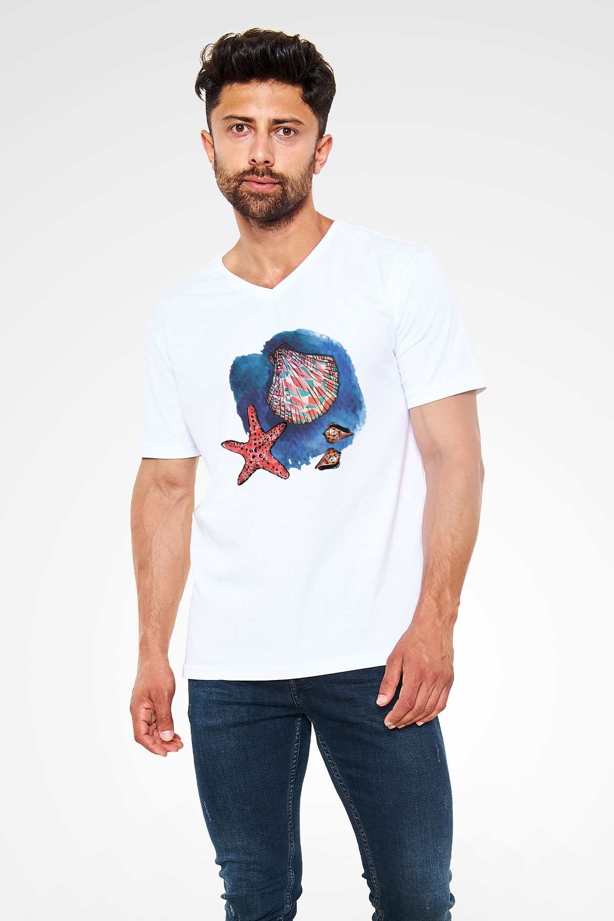 Deniz canlıları Beyaz Unisex V Yaka Tişört