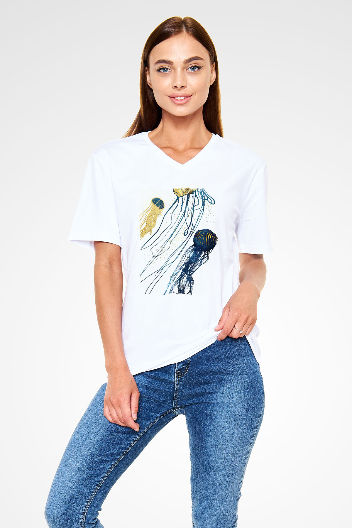 Deniz canlıları Beyaz Unisex V Yaka Tişört