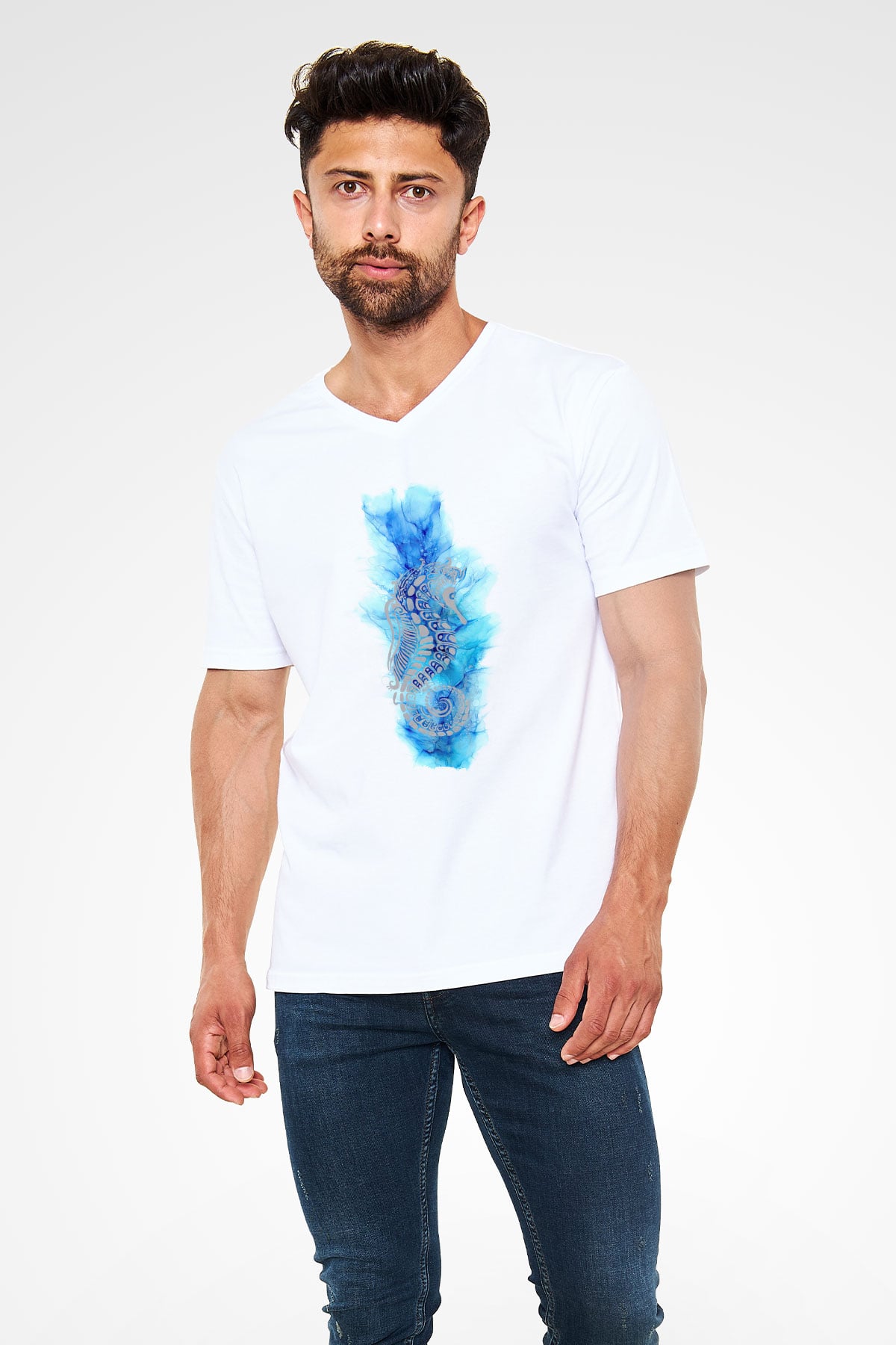 Deniz canlıları Beyaz Unisex V Yaka Tişört