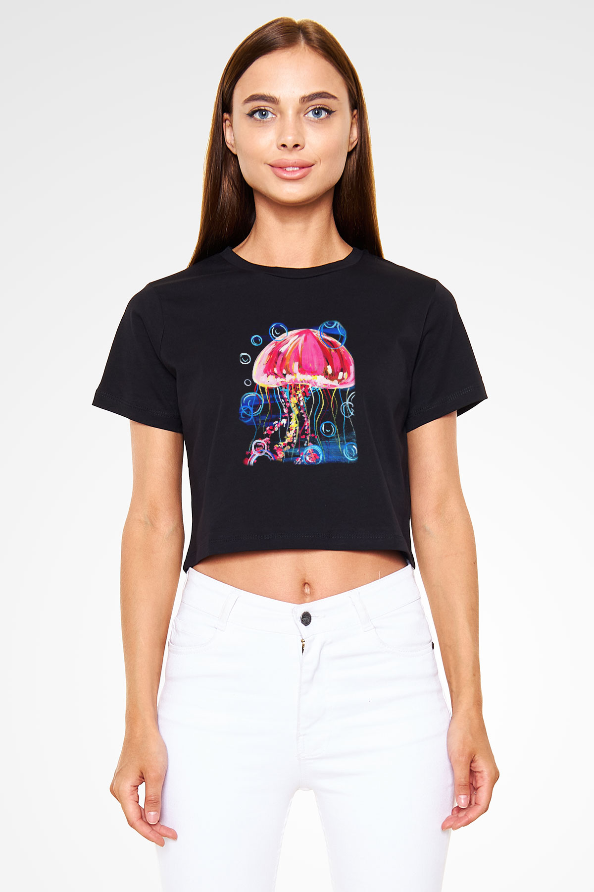 Deniz canlıları Siyah Crop Top Tişört