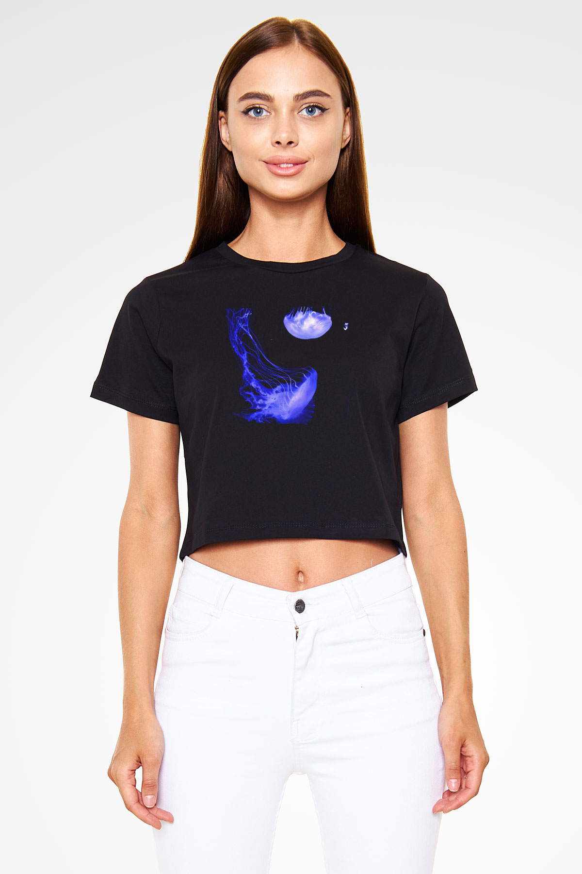 Deniz canlıları Siyah  Crop Top Tişört