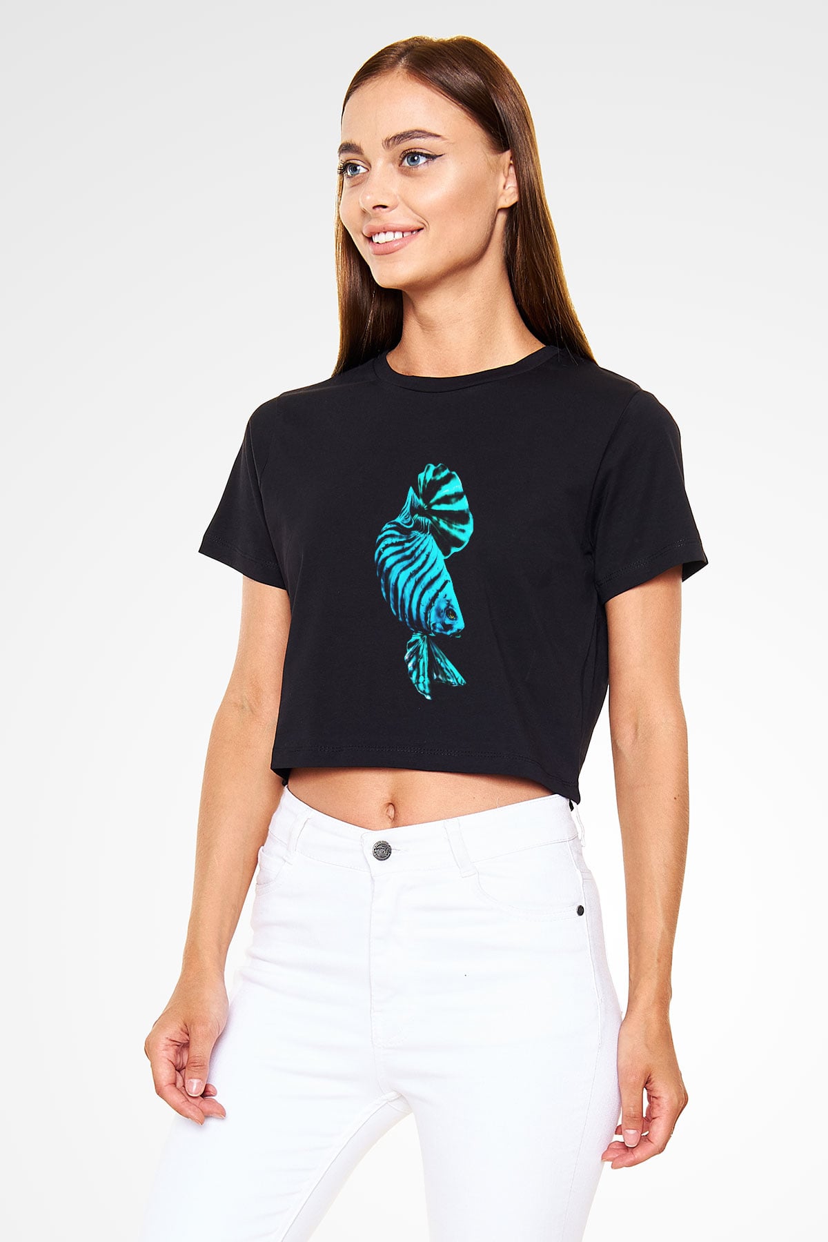 Deniz canlıları Siyah Crop Top Tişört