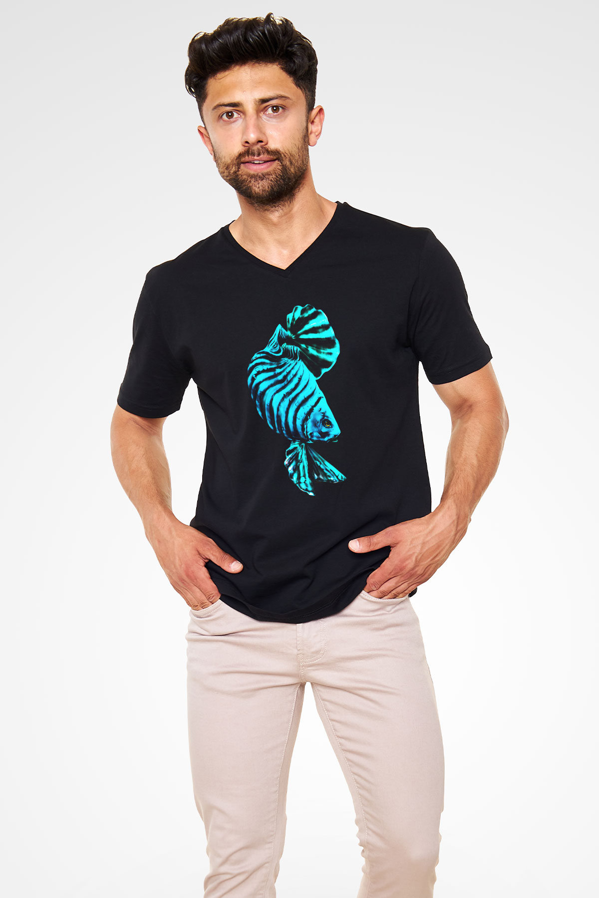 Deniz canlıları Siyah Unisex V Yaka Tişört T-Shirt